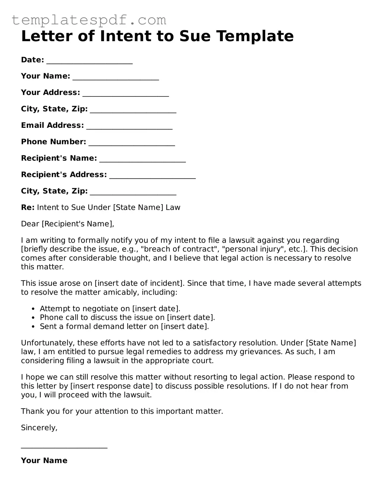 Printable Letter of Intent to Sue Form