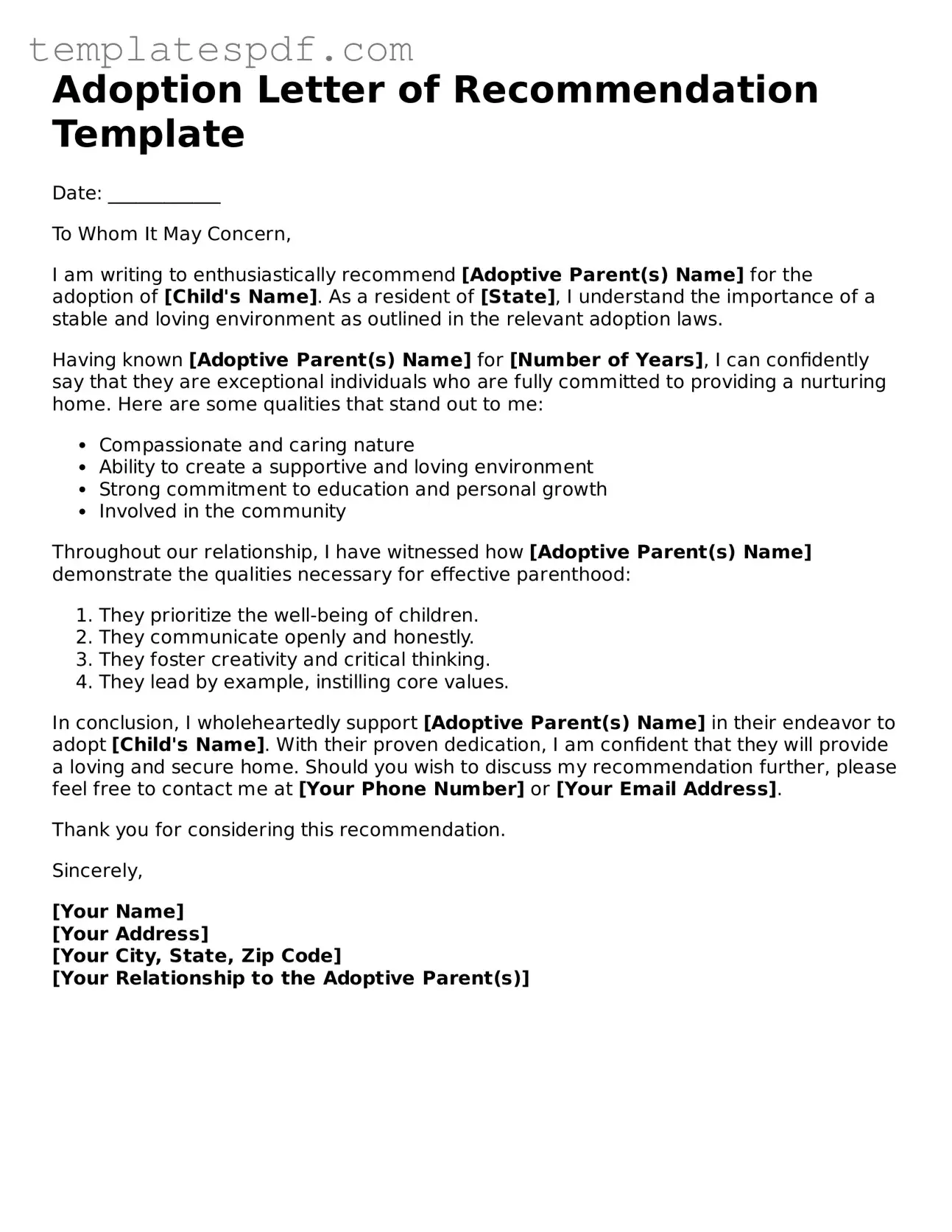 Printable Adoption Letter of Recommendation Form