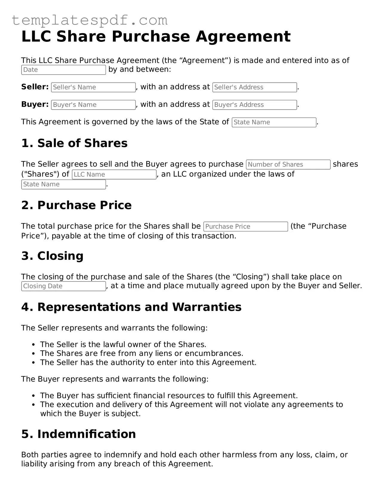 Printable LLC Share Purchase Agreement Form