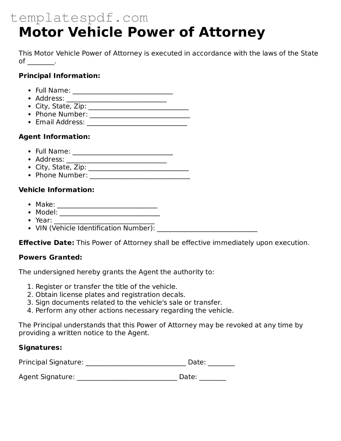 Printable Motor Vehicle Power of Attorney Form