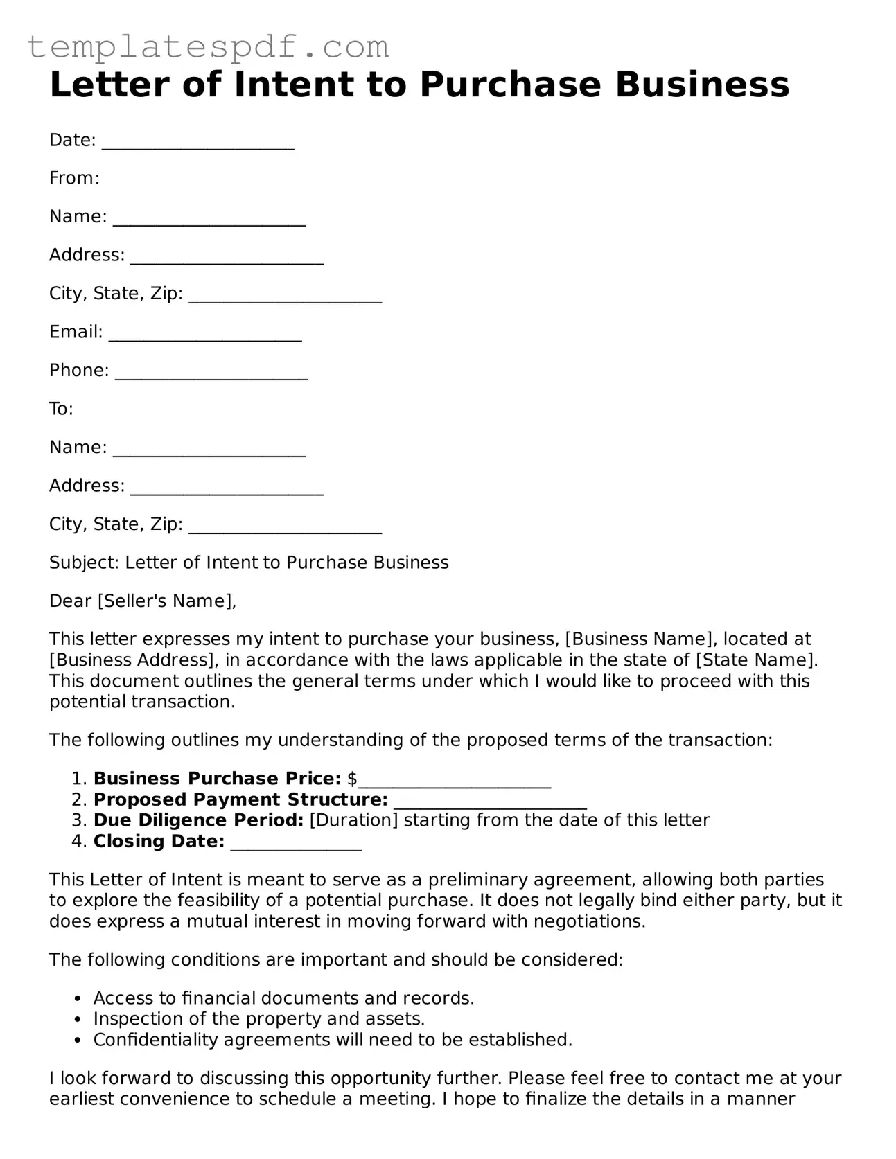 Printable Letter of Intent to Purchase Business Form