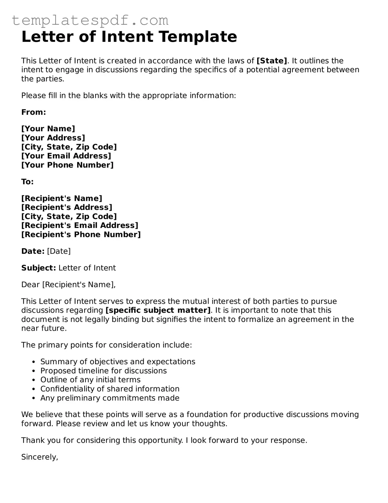 Printable Letter of Intent Form