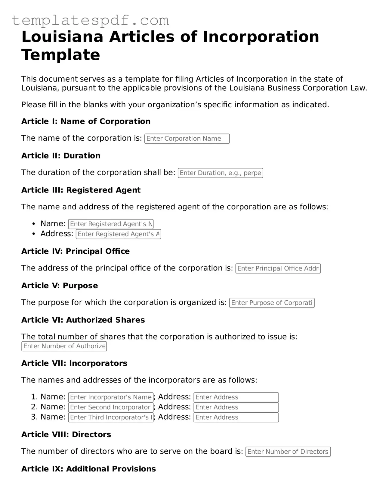 Official  Articles of Incorporation Form for Louisiana