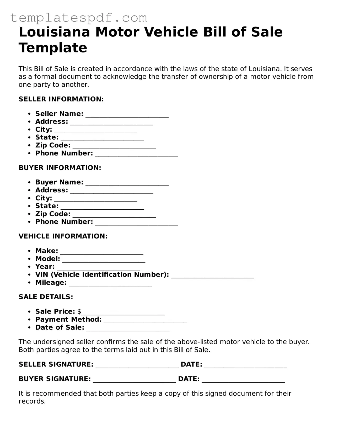 Official  Motor Vehicle Bill of Sale Form for Louisiana