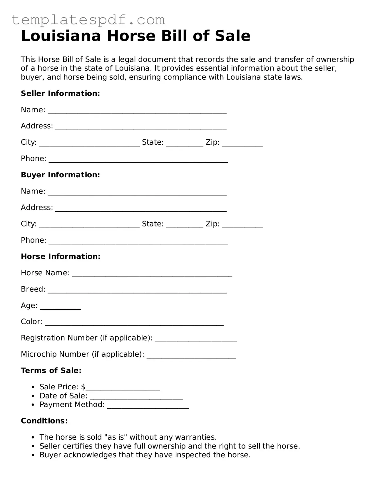 Official  Horse Bill of Sale Form for Louisiana