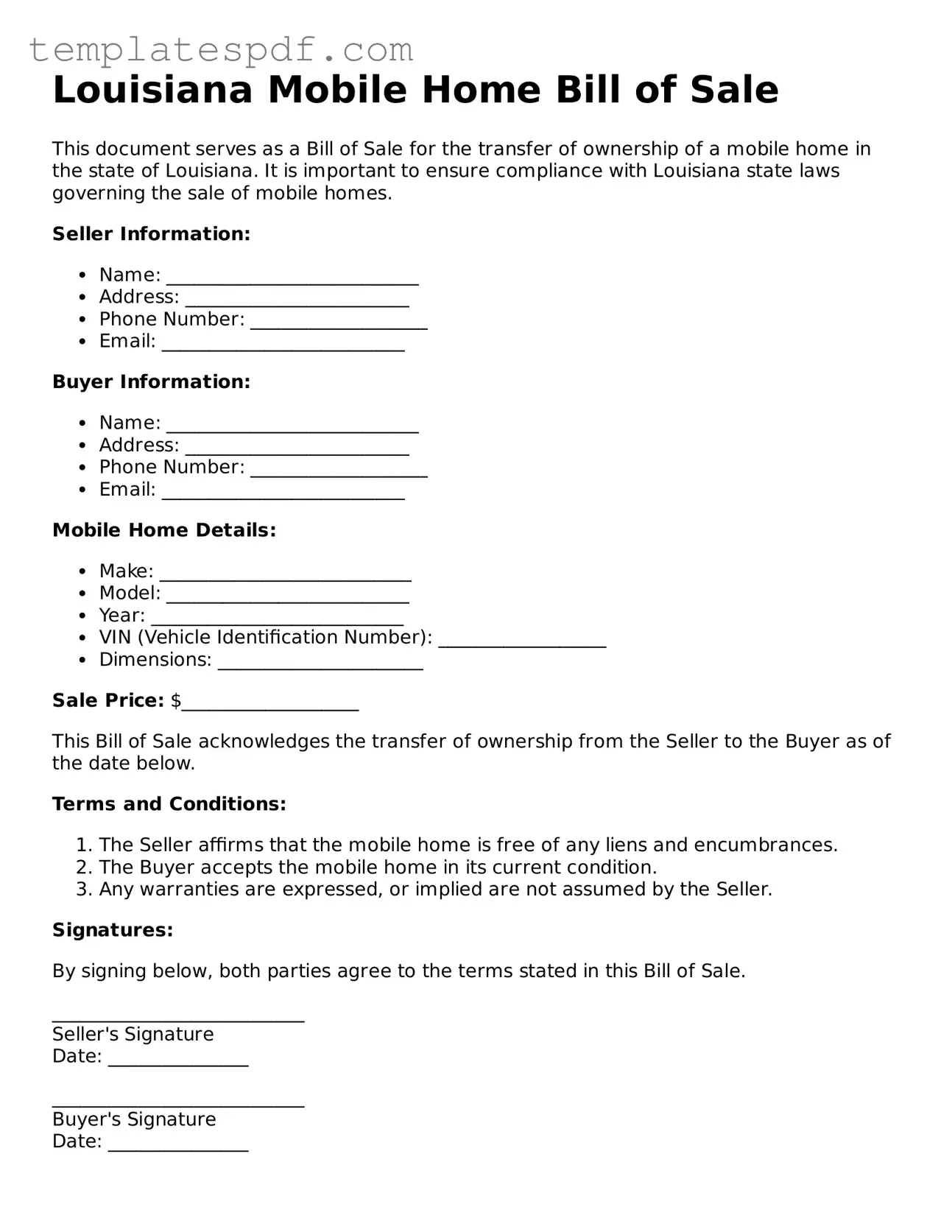 Official  Mobile Home Bill of Sale Form for Louisiana