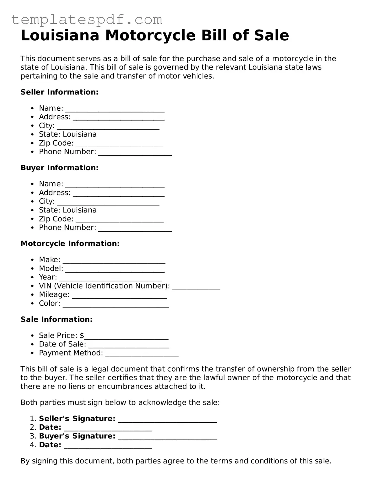 Official  Motorcycle Bill of Sale Form for Louisiana