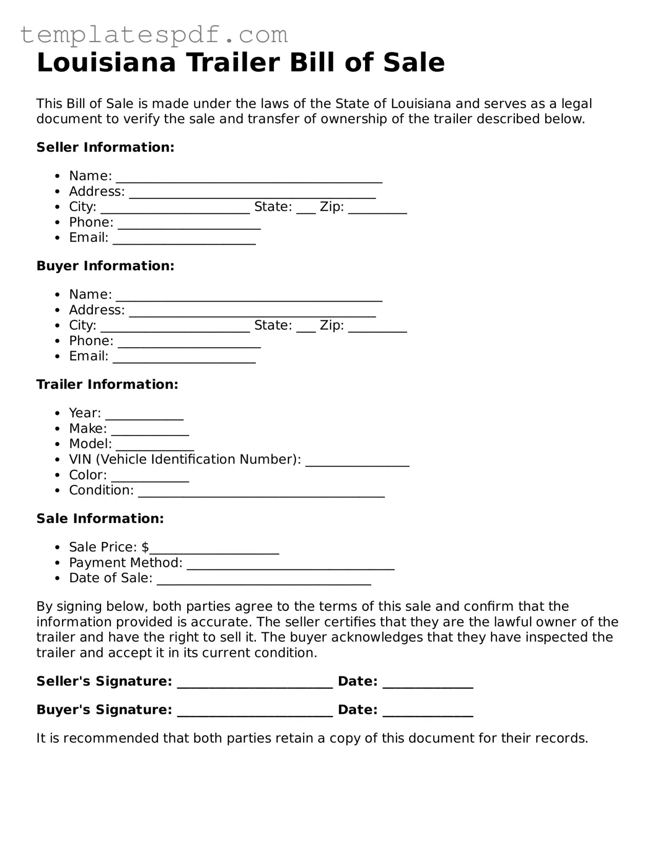 Official  Trailer Bill of Sale Form for Louisiana