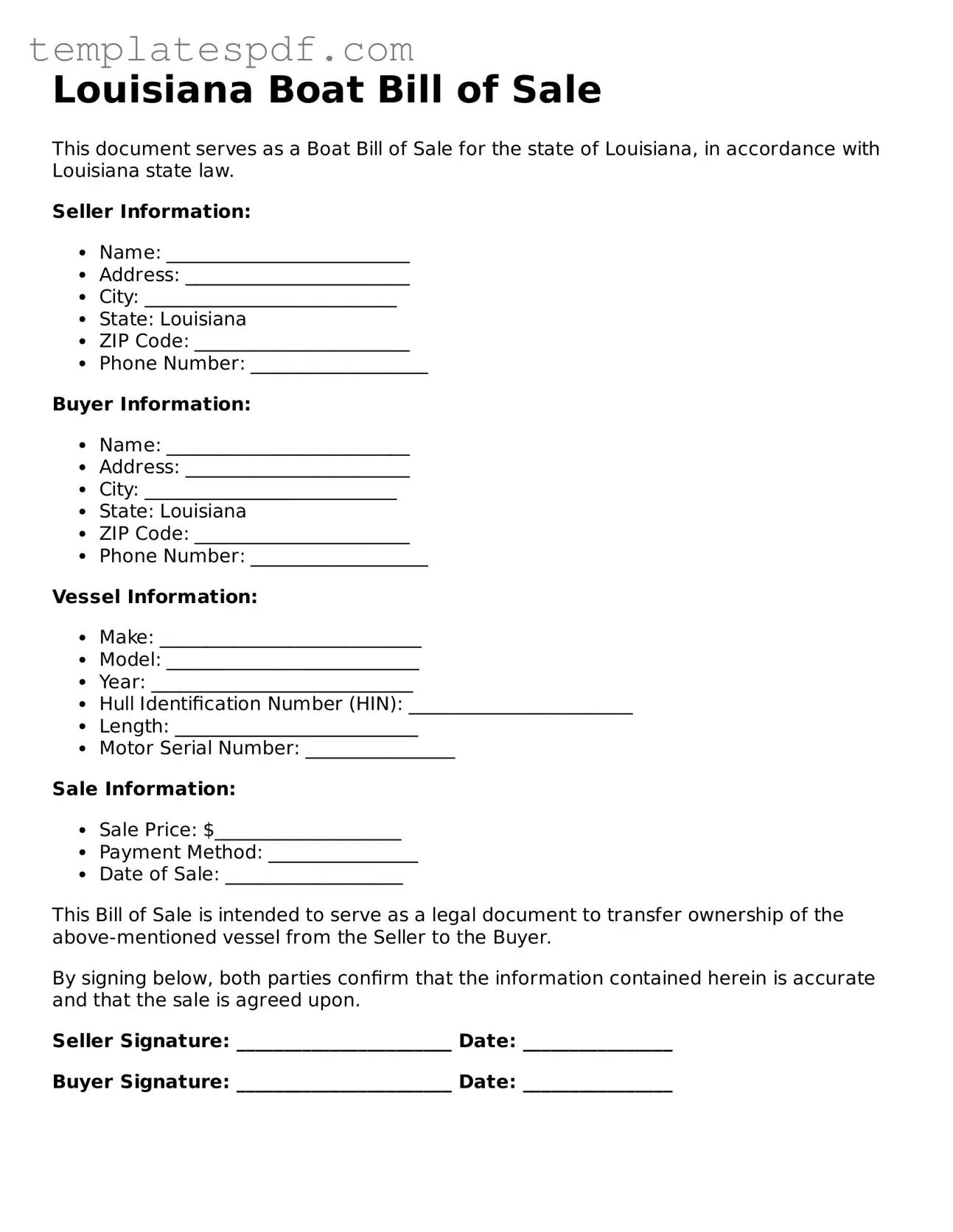 Official  Boat Bill of Sale Form for Louisiana