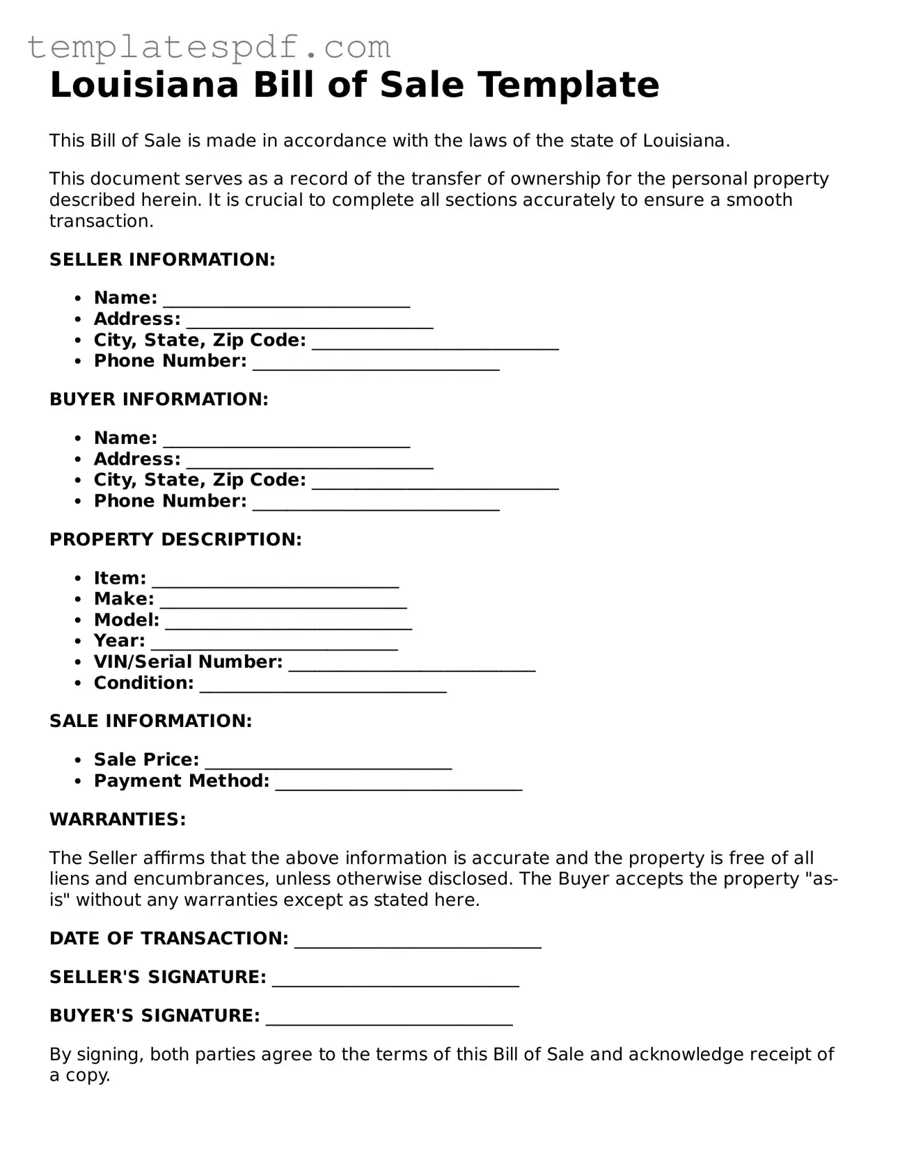 Official  Bill of Sale Form for Louisiana