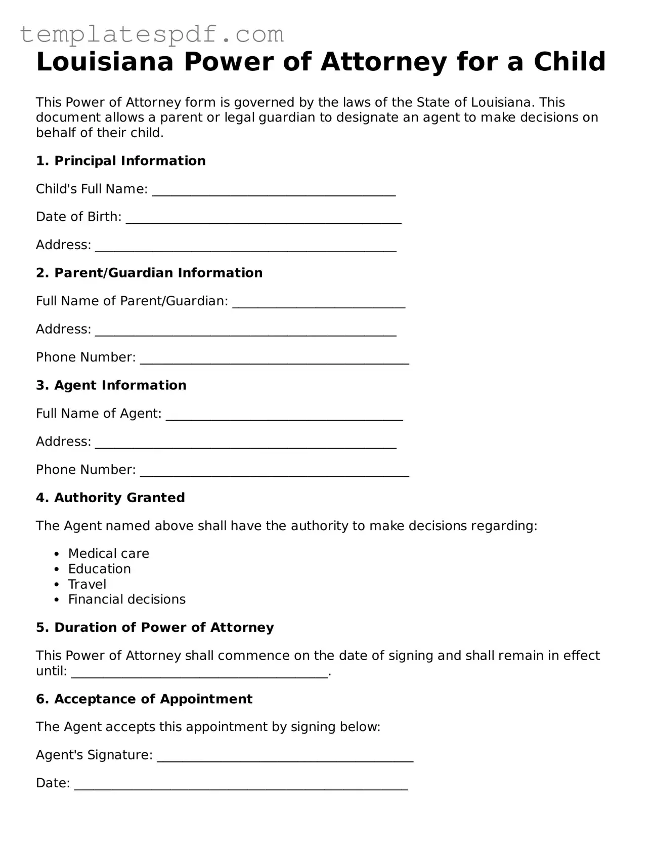 Official  Power of Attorney for a Child Form for Louisiana