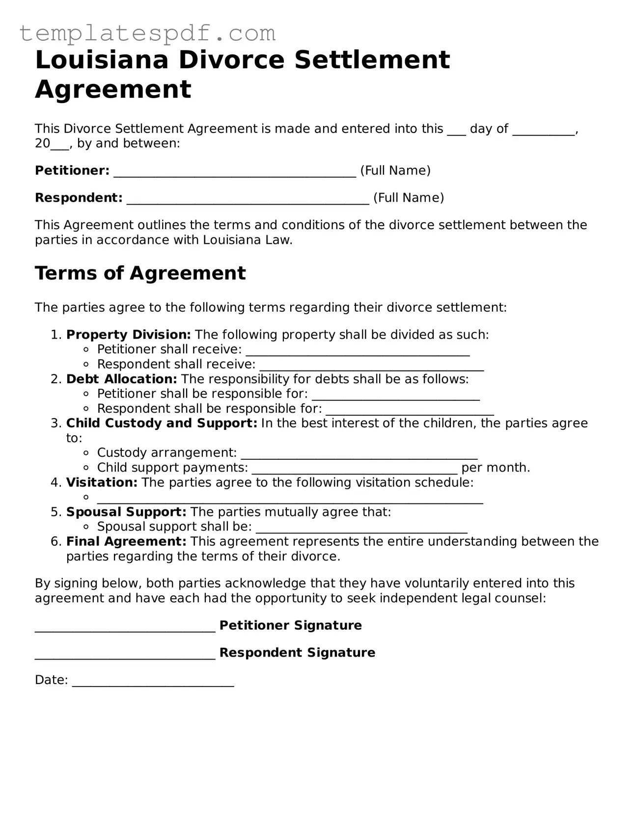 Official  Divorce Settlement Agreement Form for Louisiana