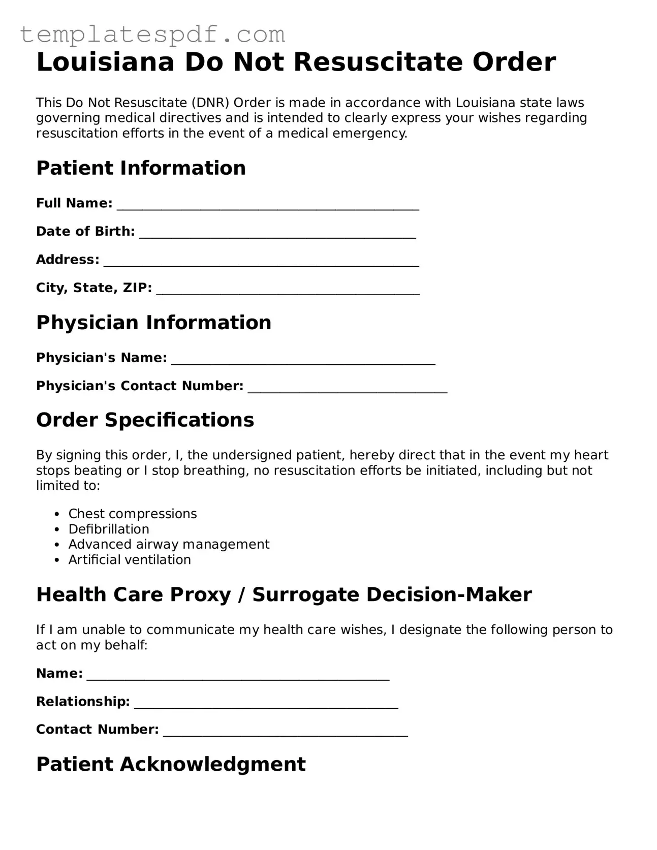 Official  Do Not Resuscitate Order Form for Louisiana