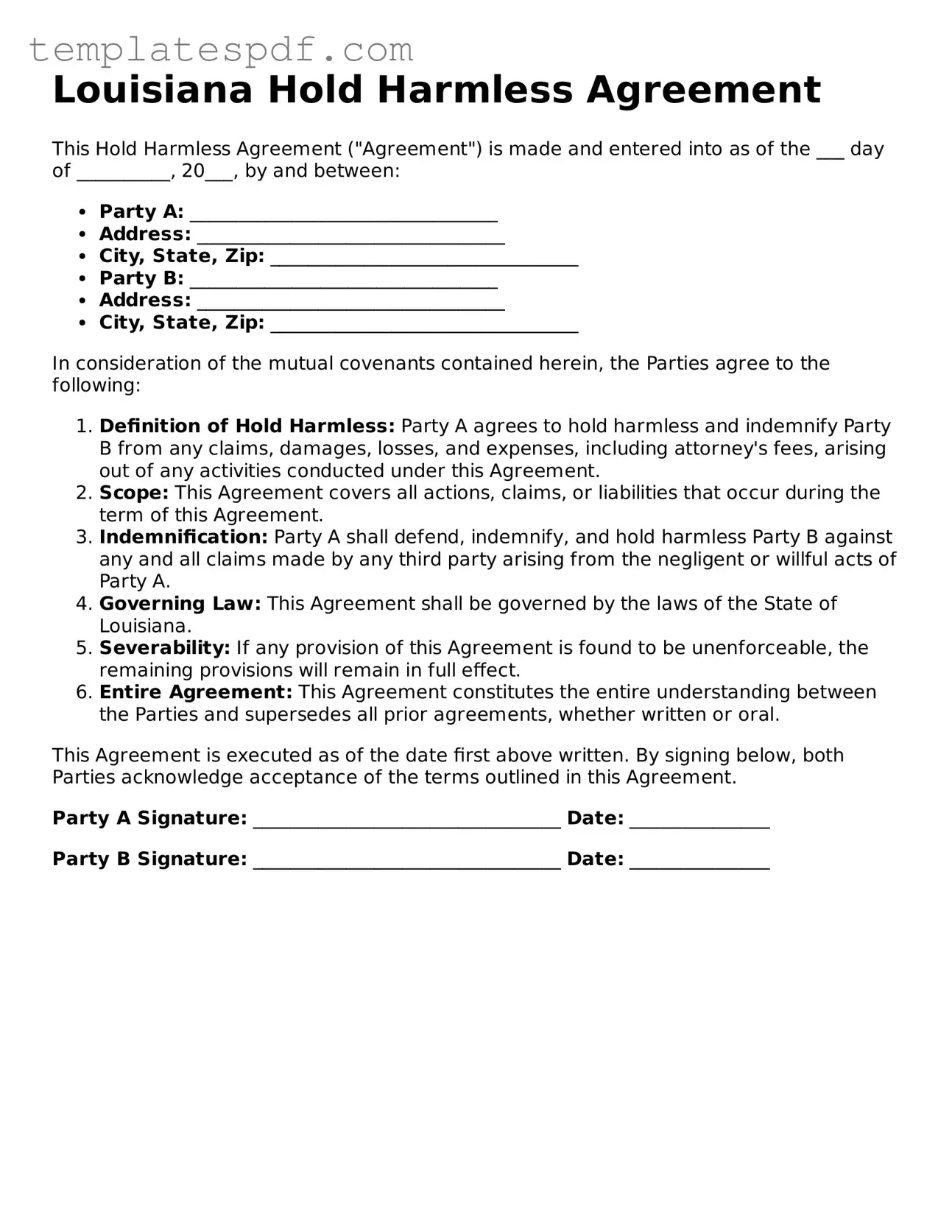 Official  Hold Harmless Agreement Form for Louisiana