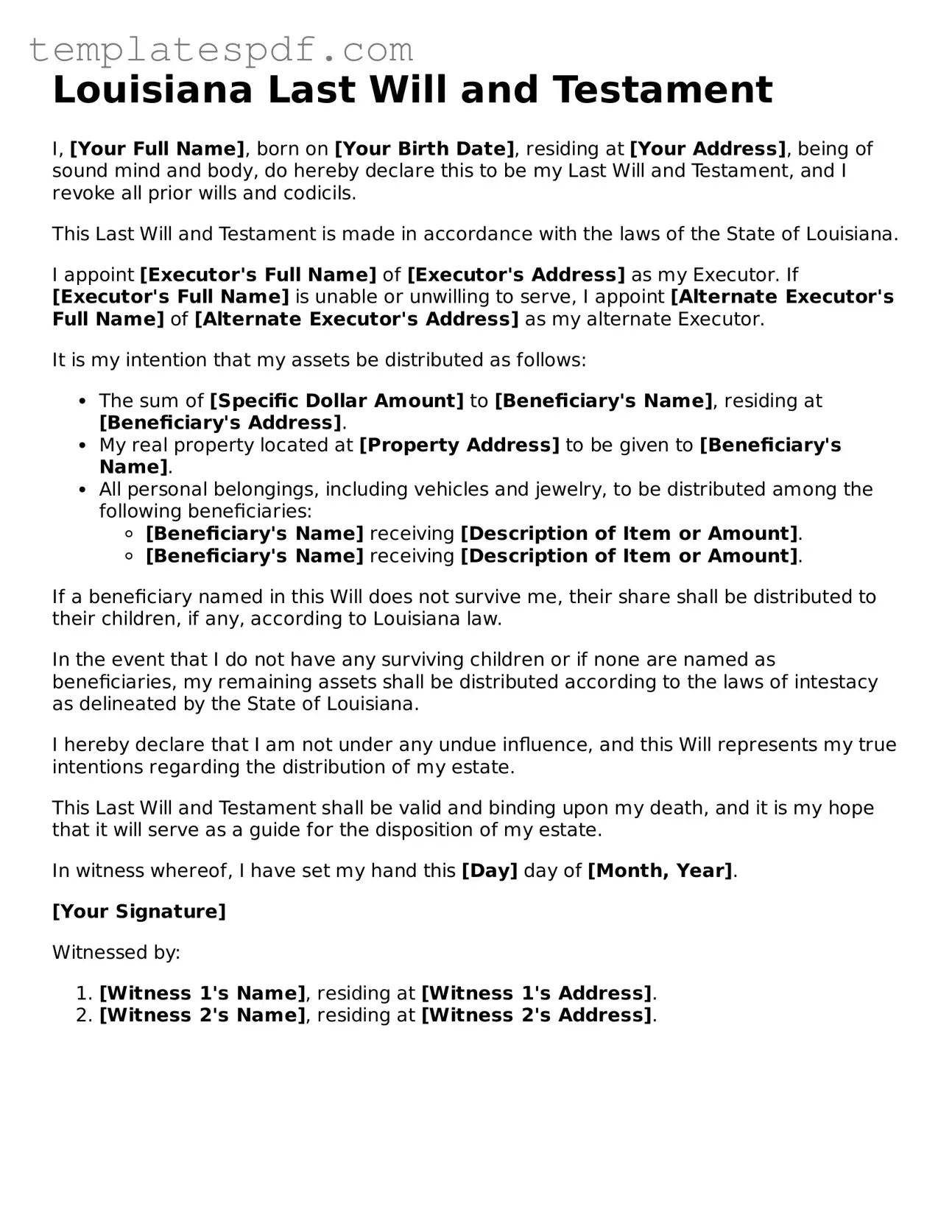 Official  Last Will and Testament Form for Louisiana