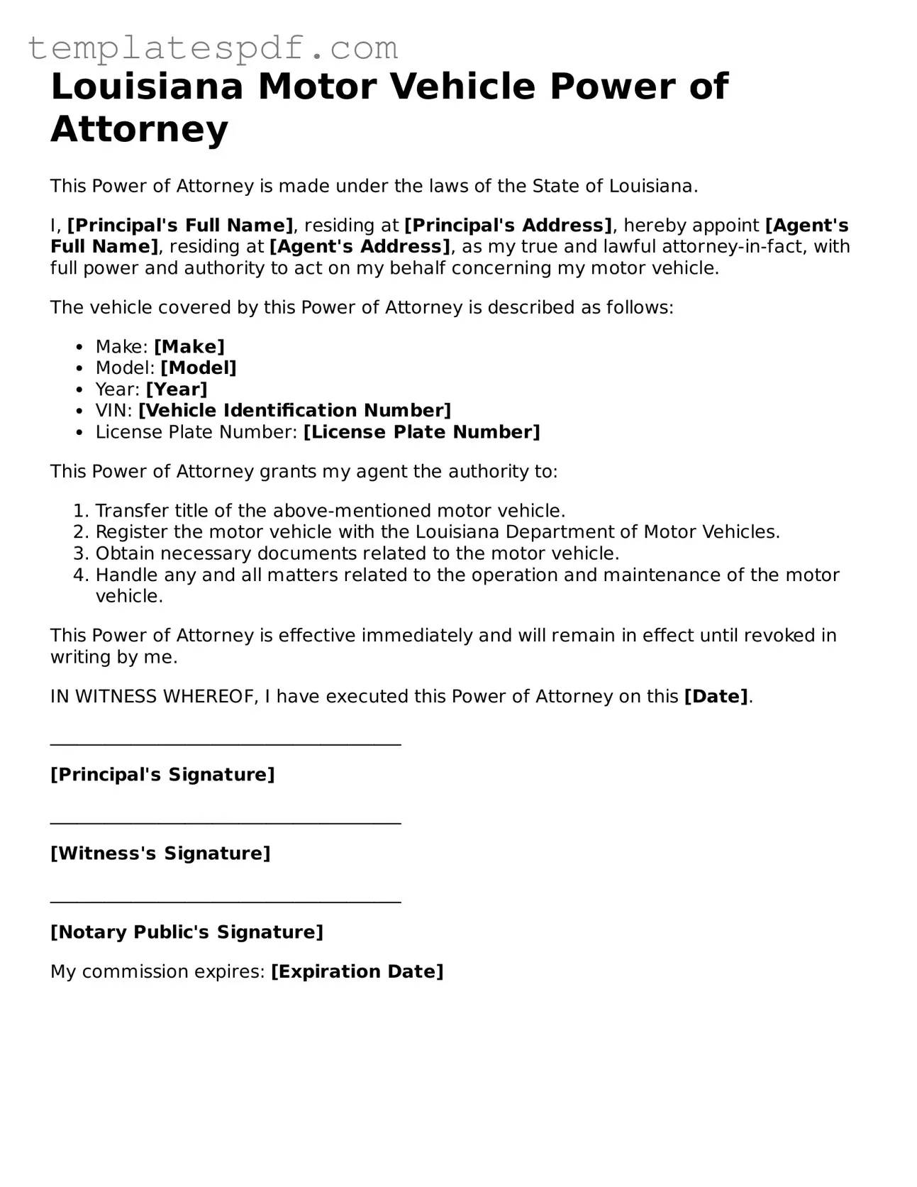 Official  Motor Vehicle Power of Attorney Form for Louisiana