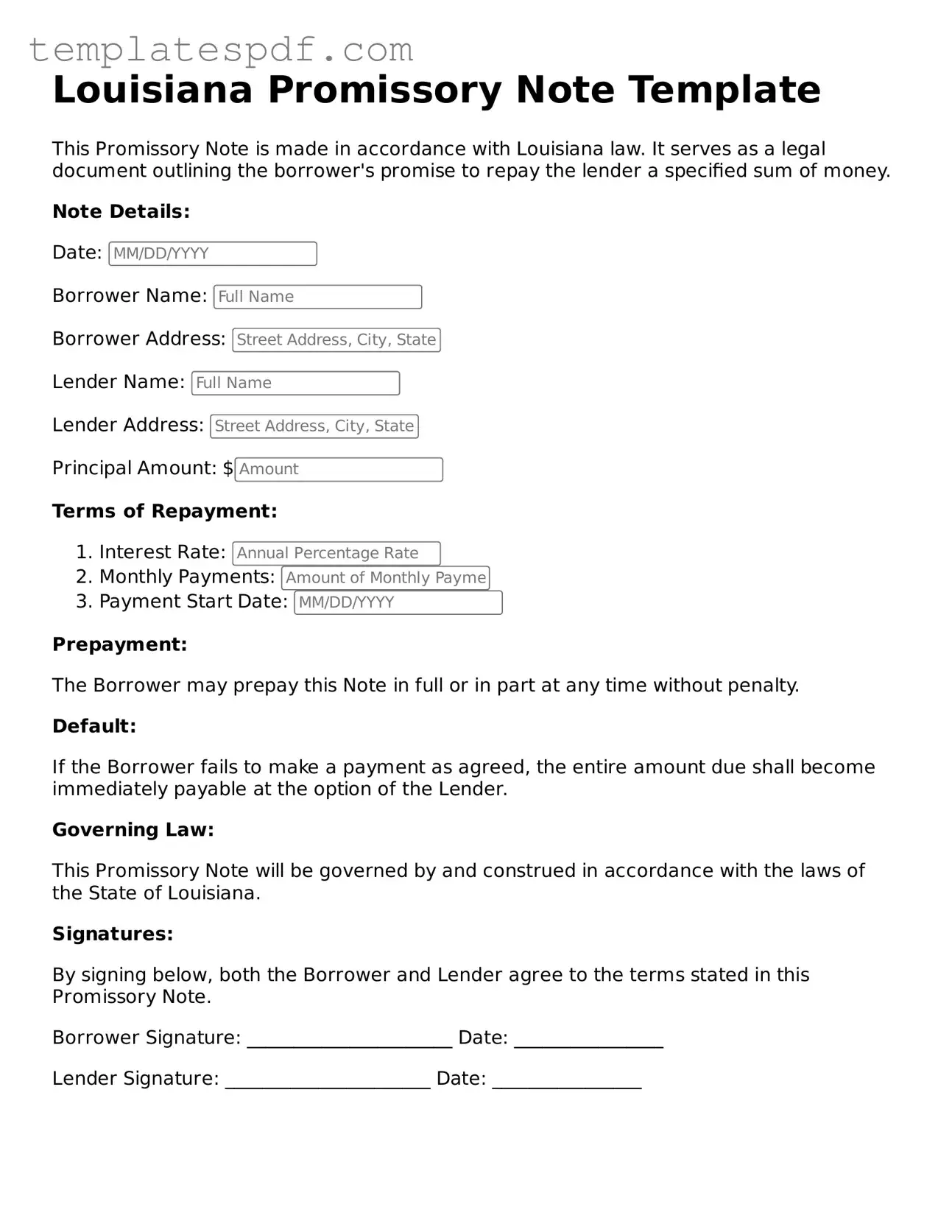 Official  Promissory Note Form for Louisiana