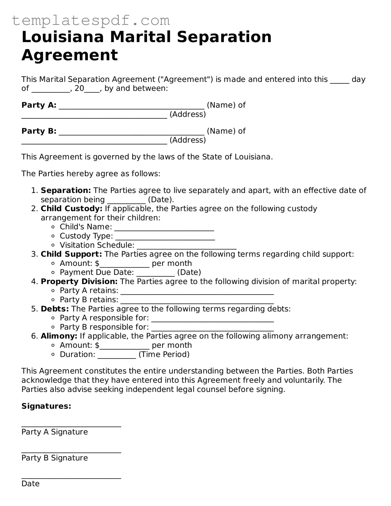 Official  Marital Separation Agreement Form for Louisiana
