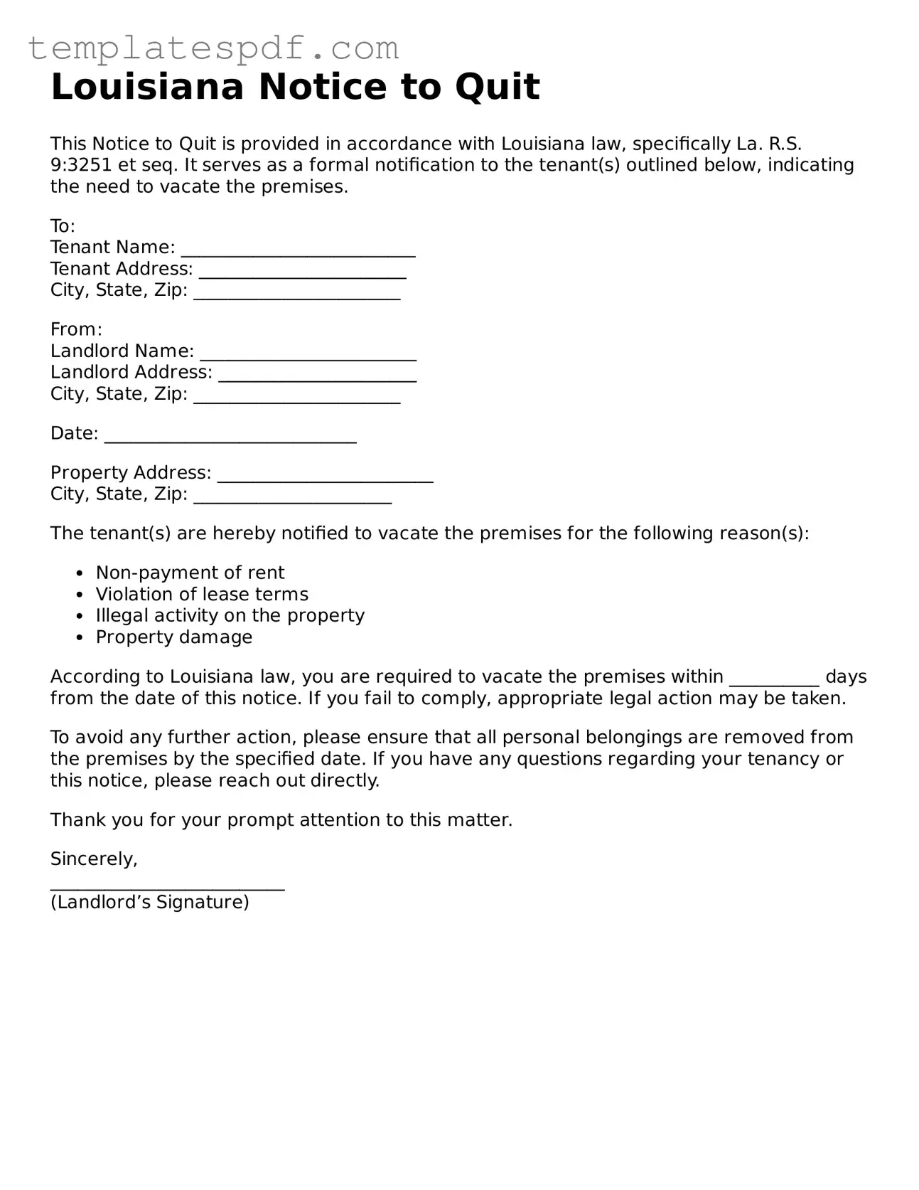 Official  Notice to Quit Form for Louisiana
