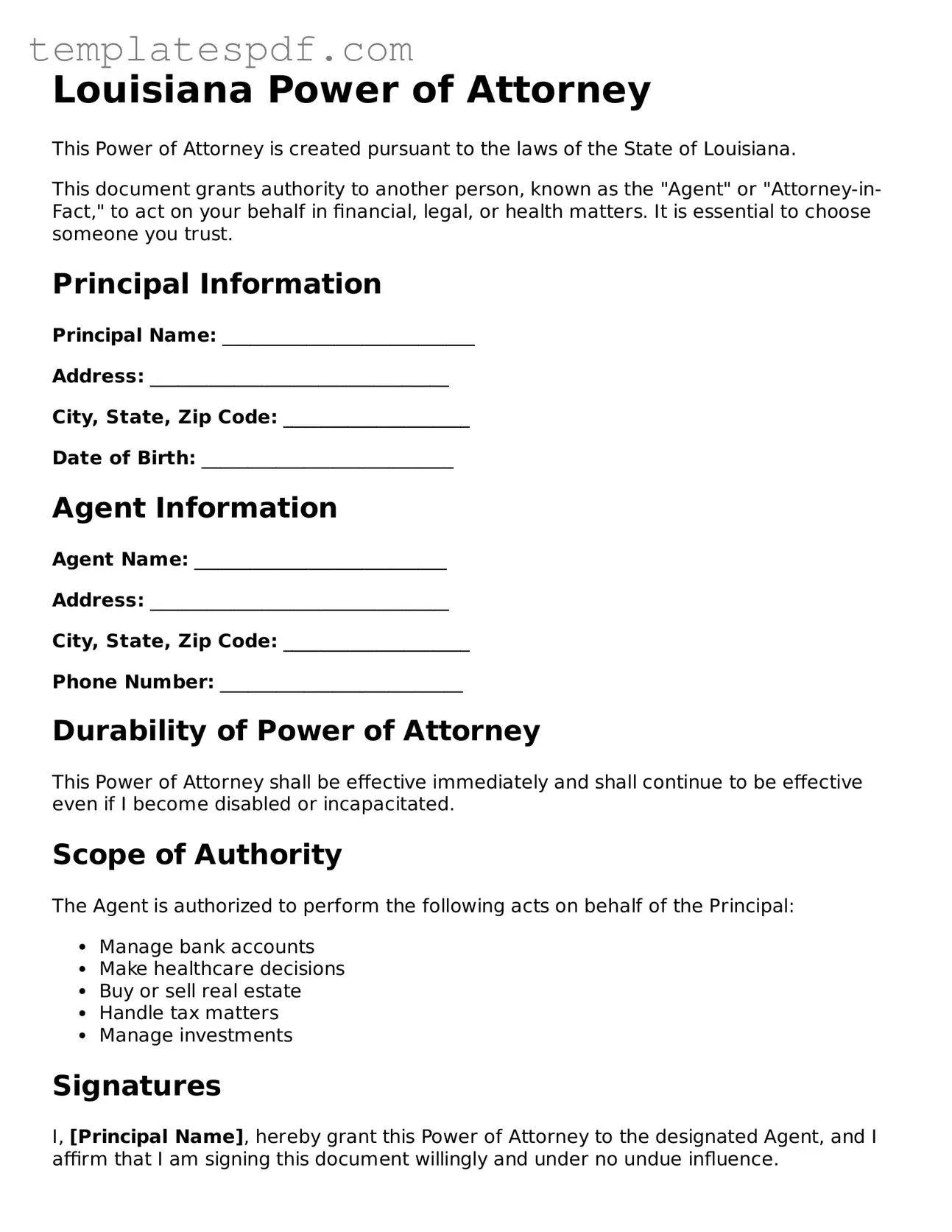 Official  Power of Attorney Form for Louisiana