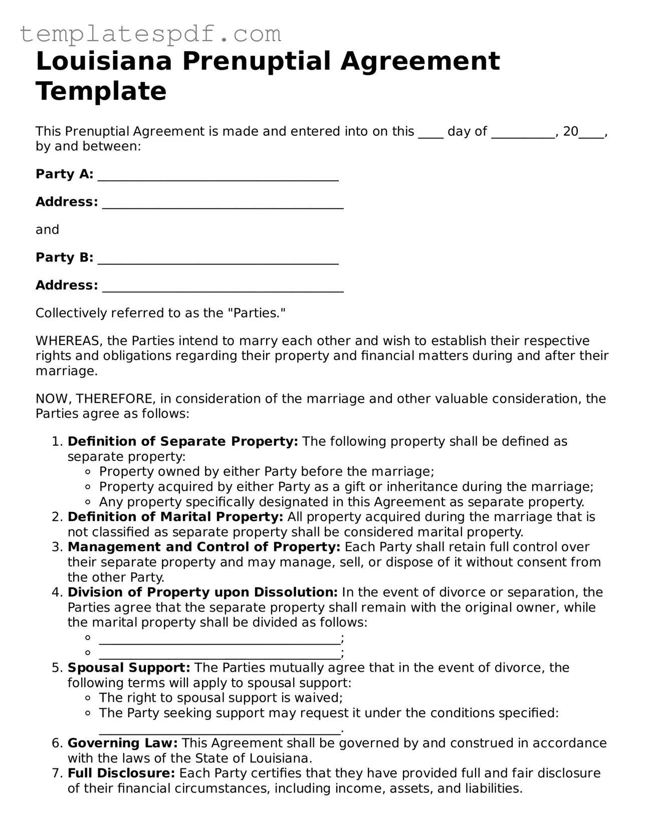 Official  Prenuptial Agreement Form for Louisiana