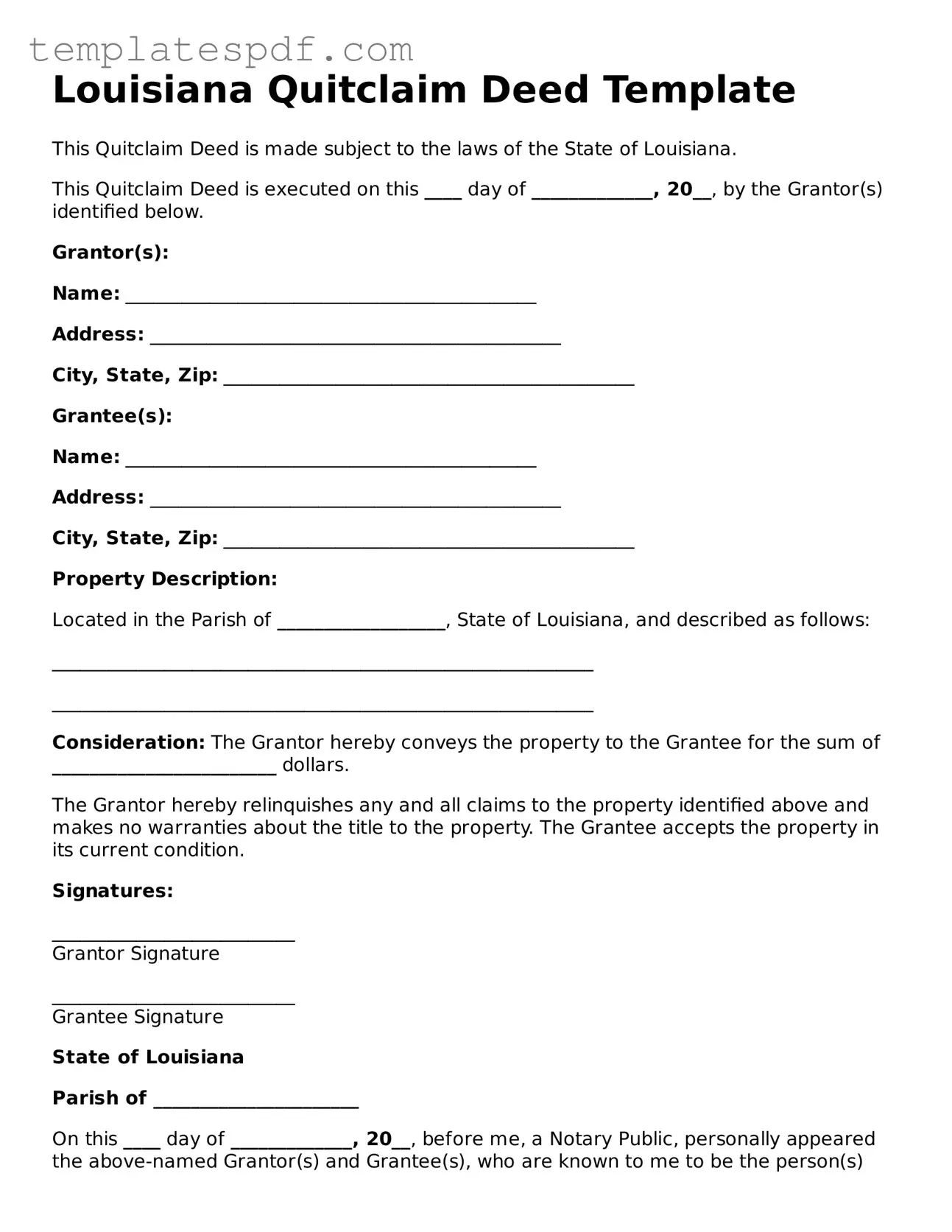 Official  Quitclaim Deed Form for Louisiana