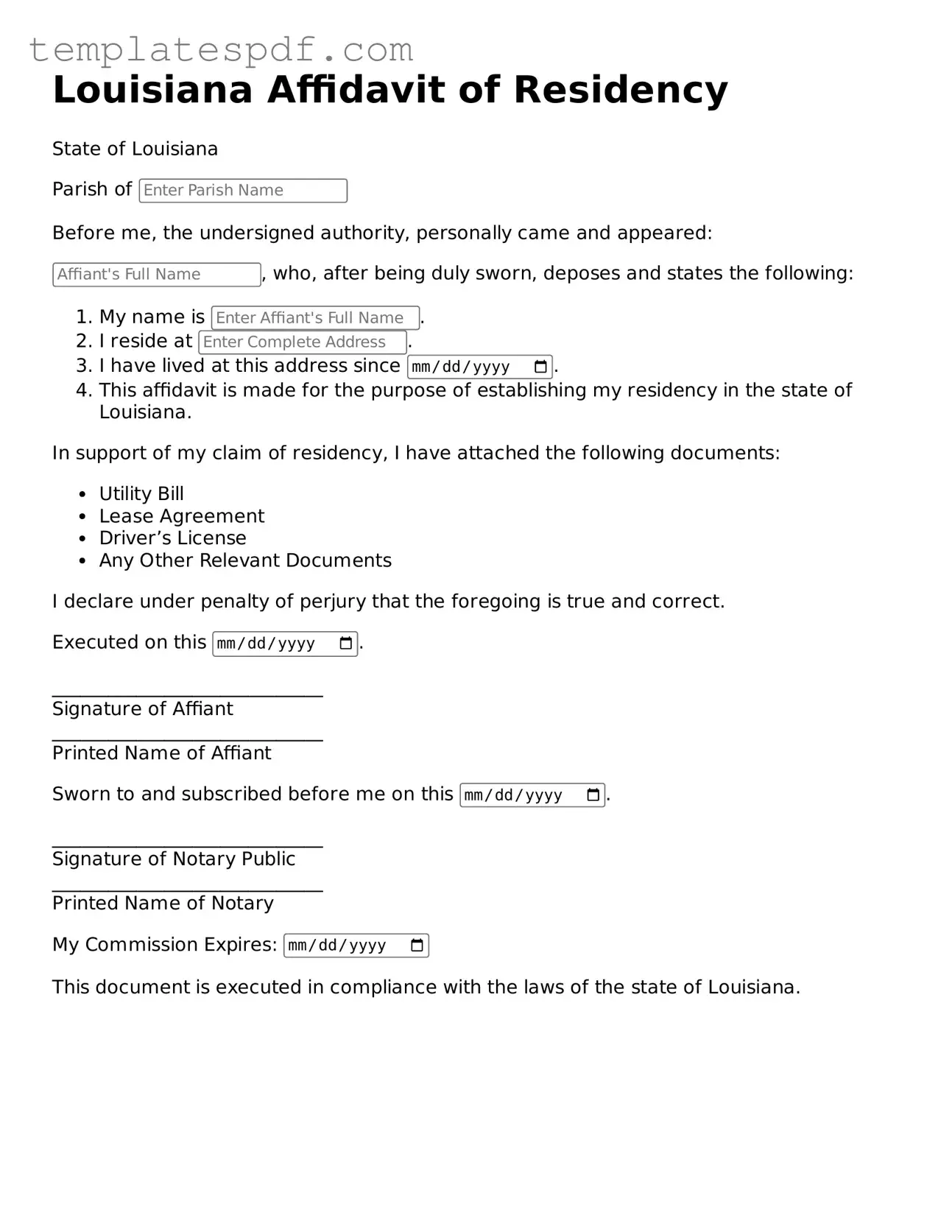 Official  Affidavit of Residency Form for Louisiana
