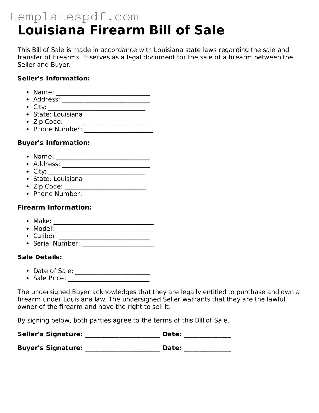 Official  Firearm Bill of Sale Form for Louisiana