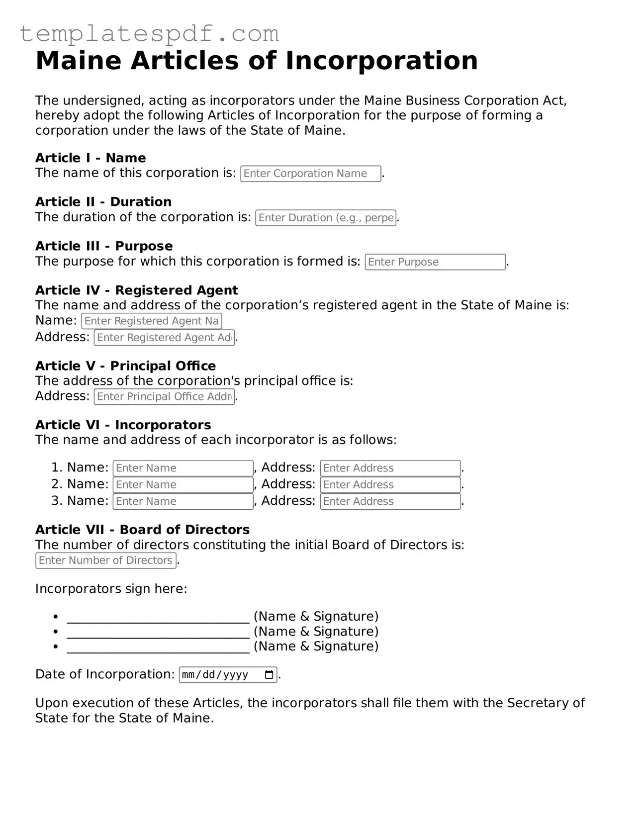 Official  Articles of Incorporation Form for Maine
