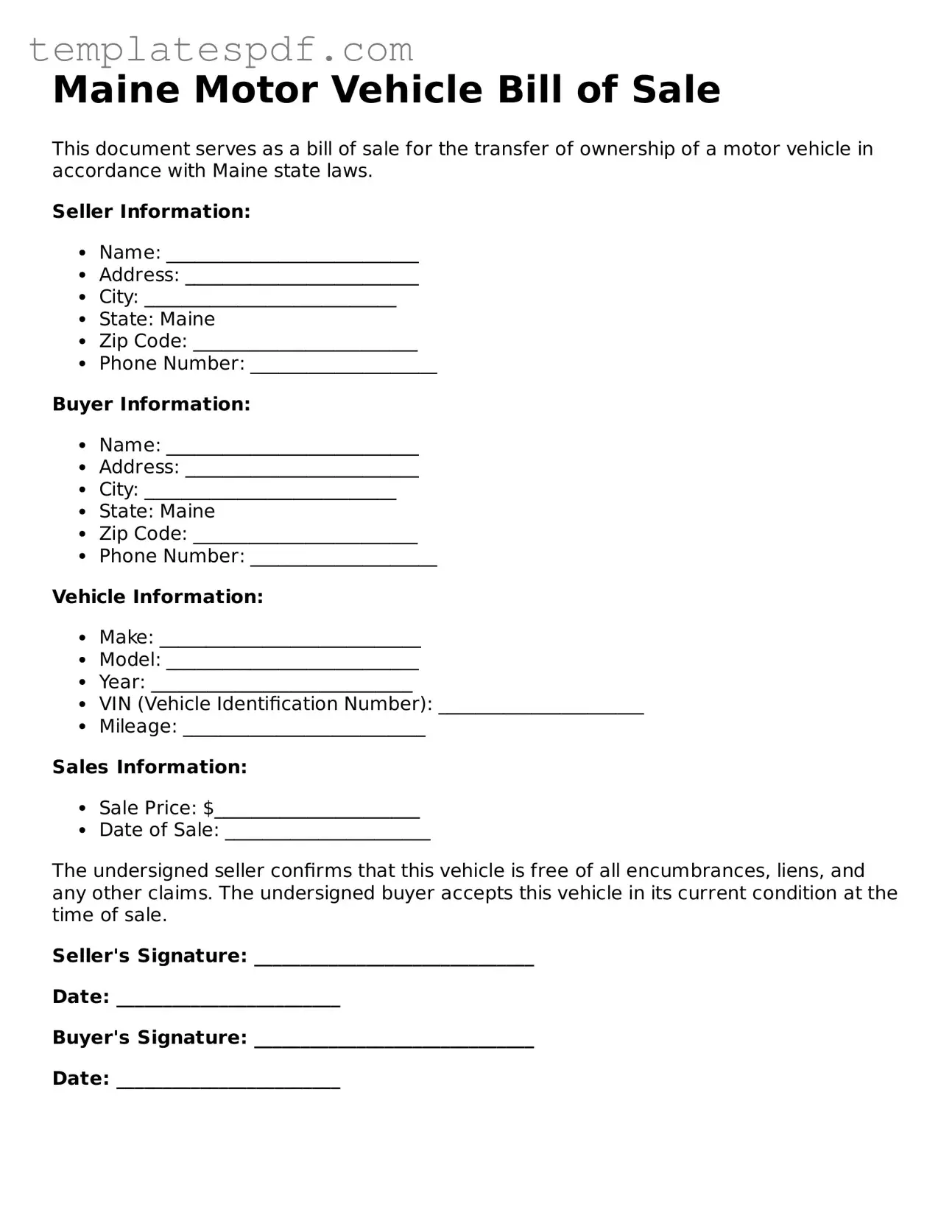 Official  Motor Vehicle Bill of Sale Form for Maine