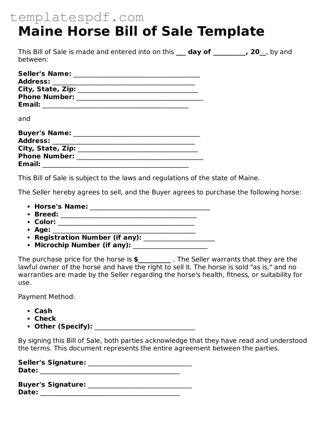 Official  Horse Bill of Sale Form for Maine