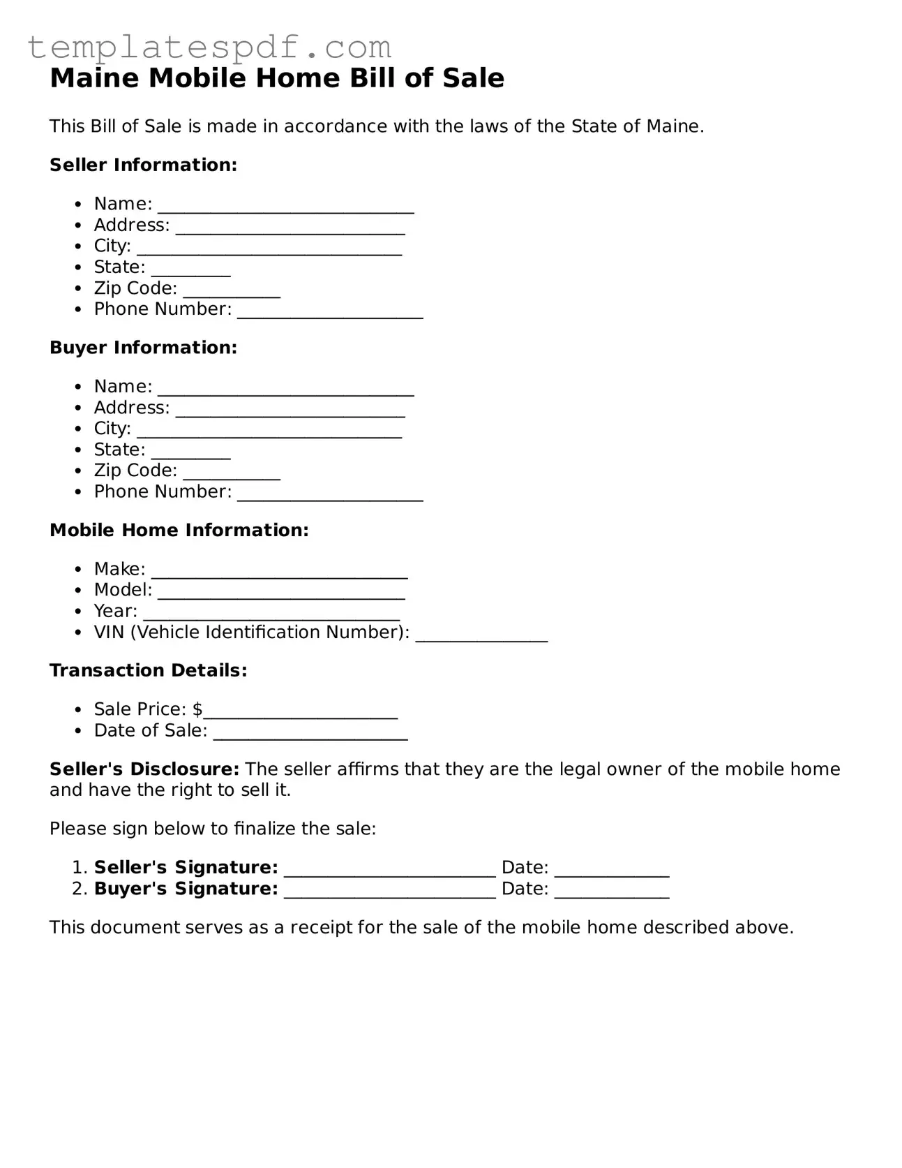 Official  Mobile Home Bill of Sale Form for Maine