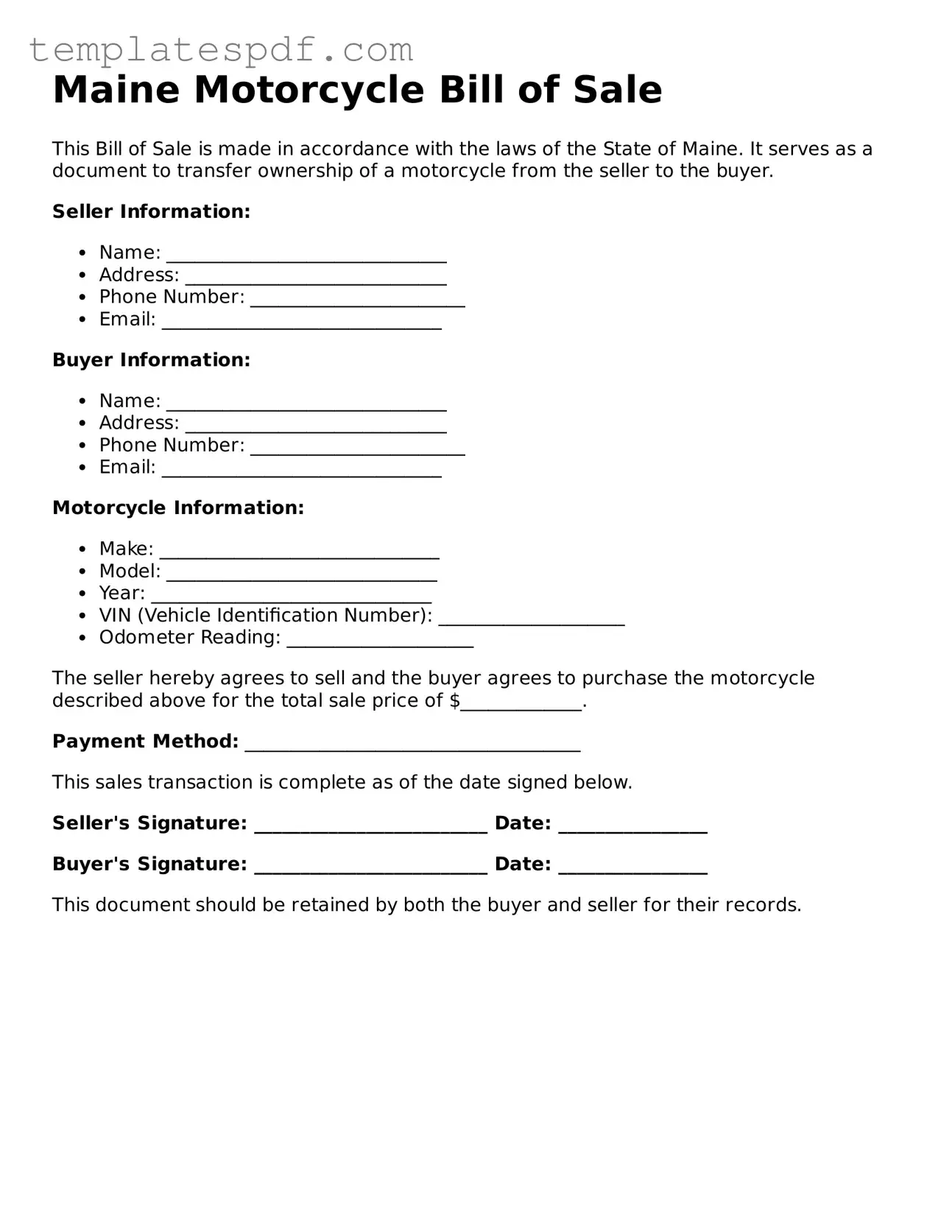 Official  Motorcycle Bill of Sale Form for Maine