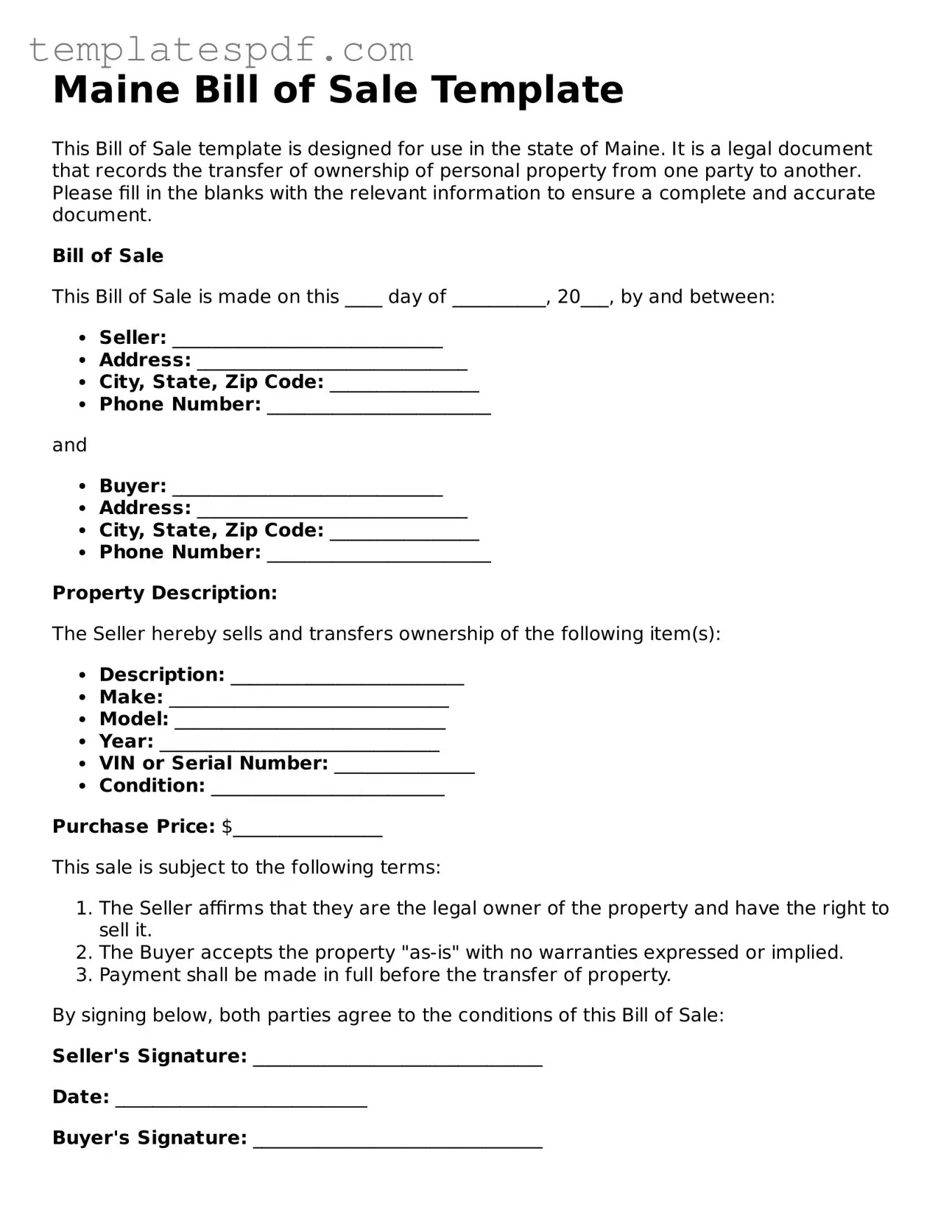 Official  Bill of Sale Form for Maine