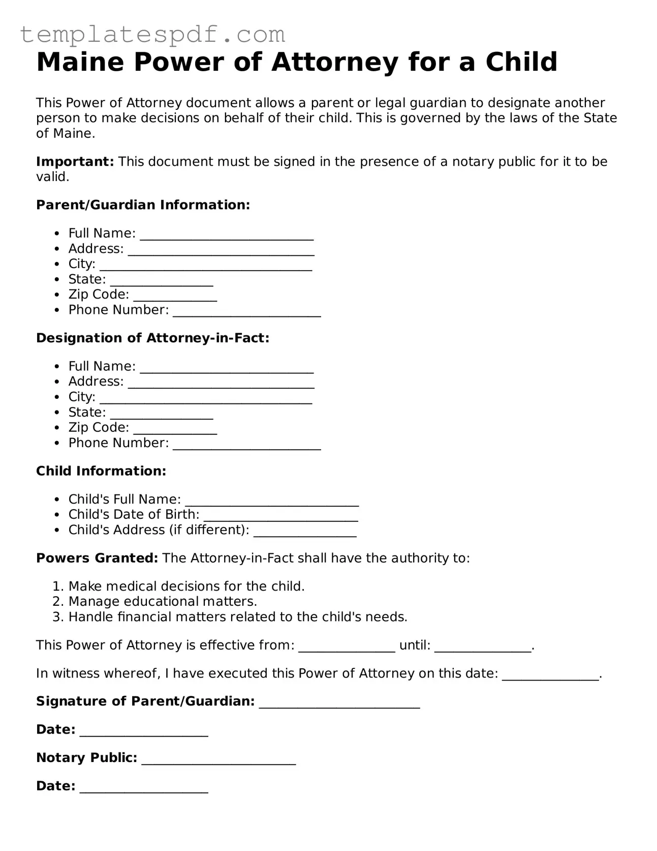 Official  Power of Attorney for a Child Form for Maine