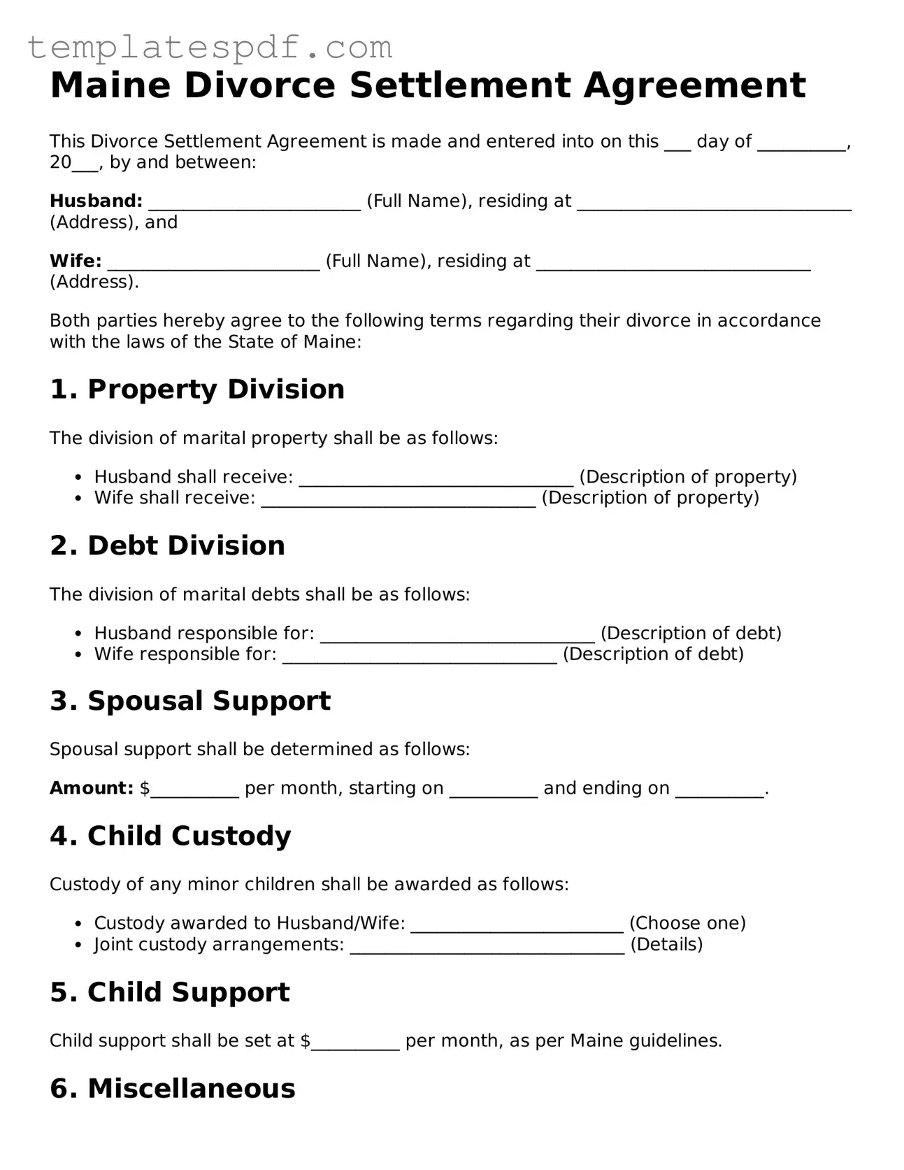 Official  Divorce Settlement Agreement Form for Maine