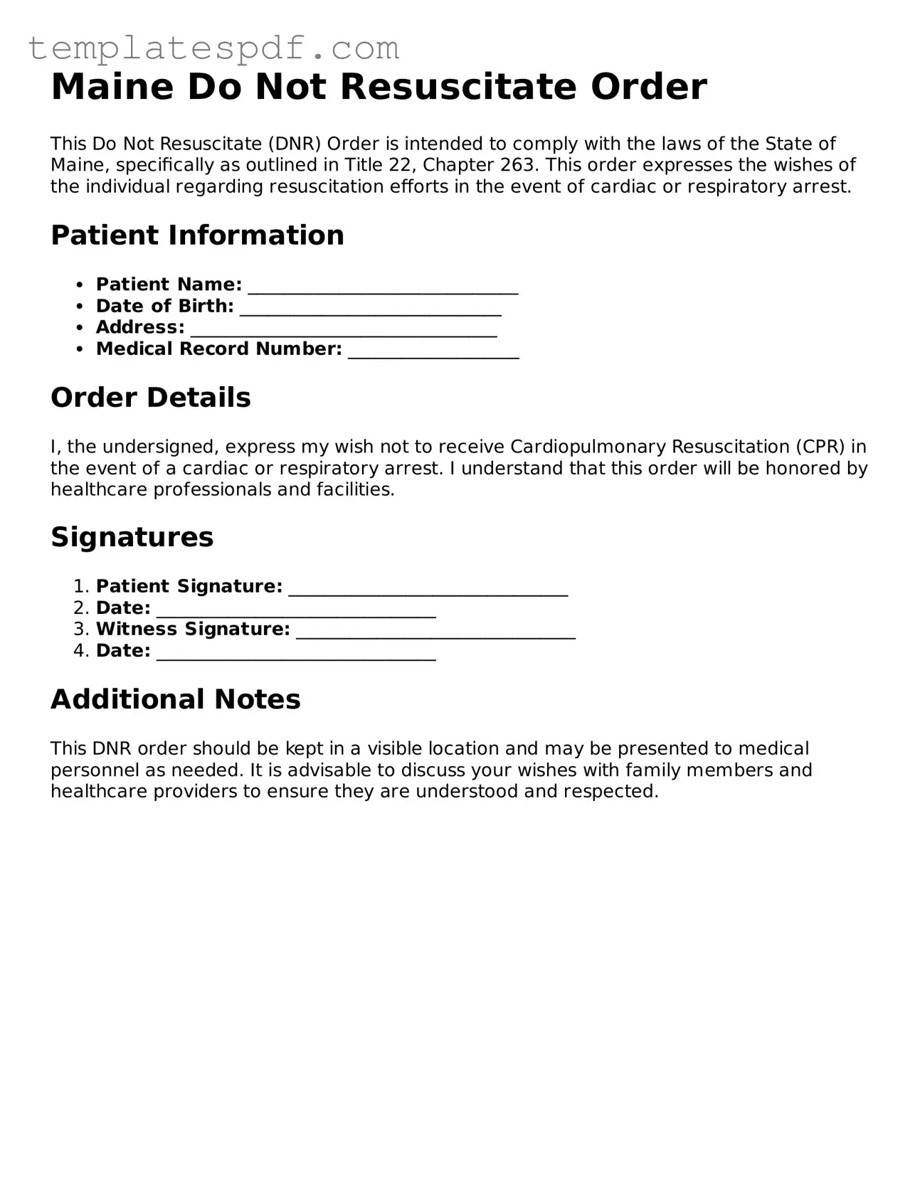 Official  Do Not Resuscitate Order Form for Maine
