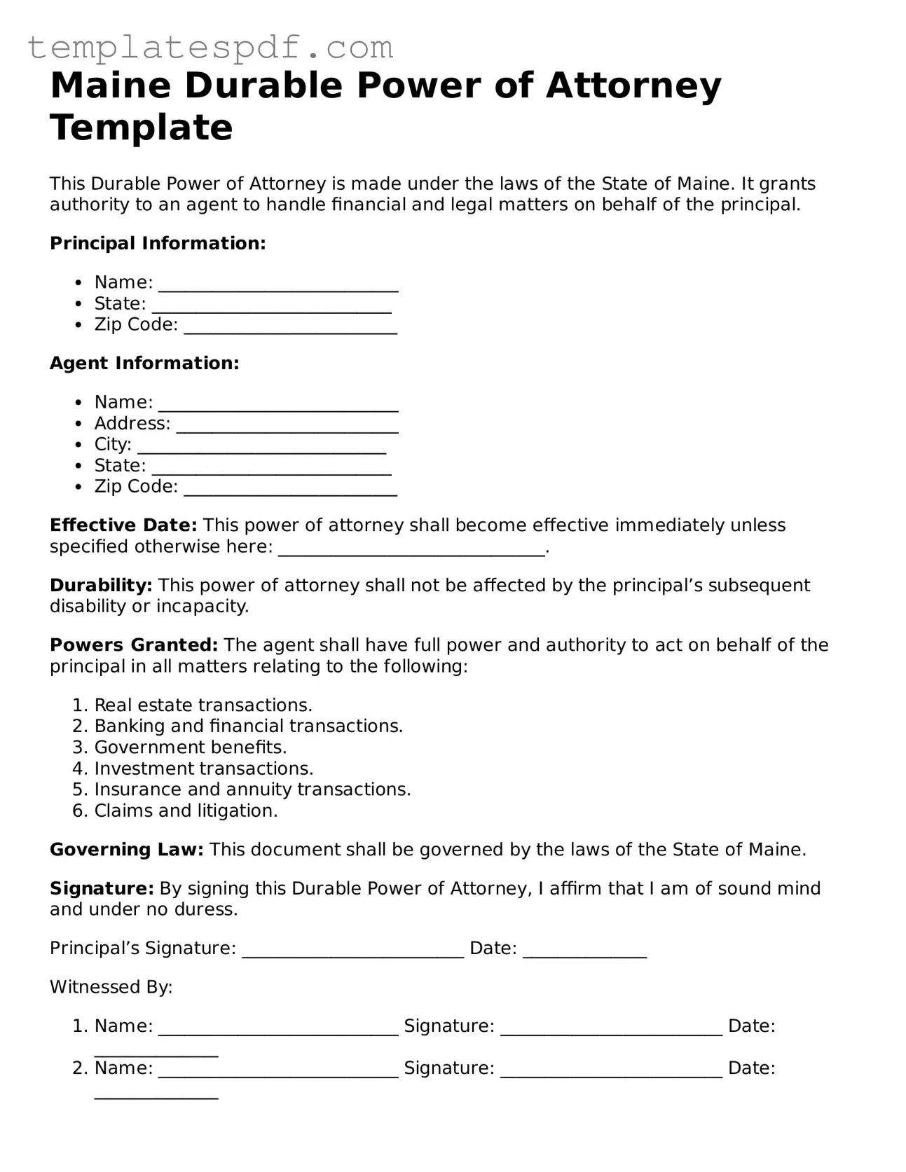 Official  Durable Power of Attorney Form for Maine