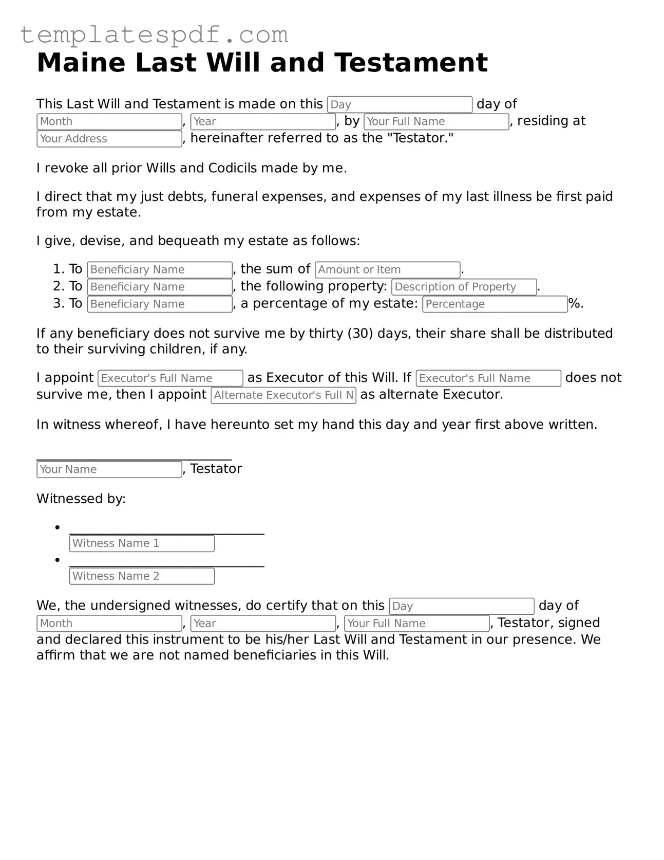 Official  Last Will and Testament Form for Maine
