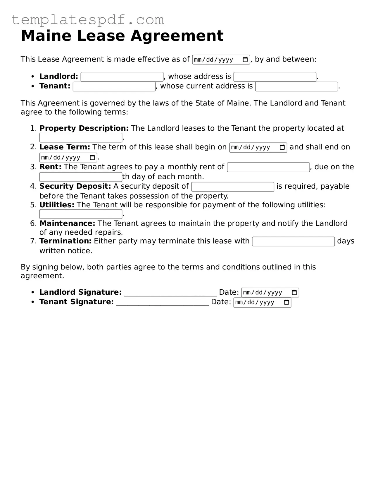 Official  Lease Agreement Form for Maine