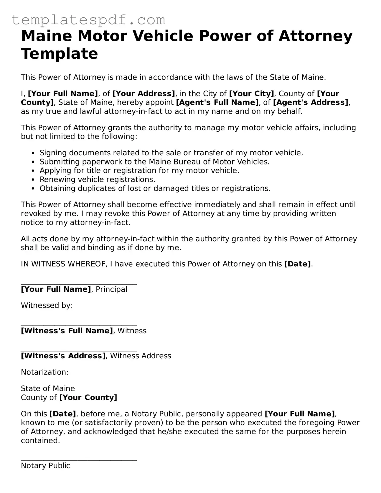 Official  Motor Vehicle Power of Attorney Form for Maine