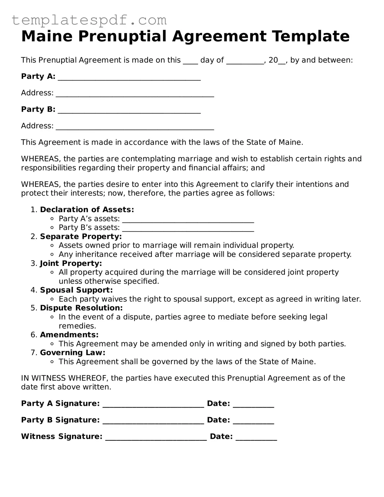 Official  Prenuptial Agreement Form for Maine