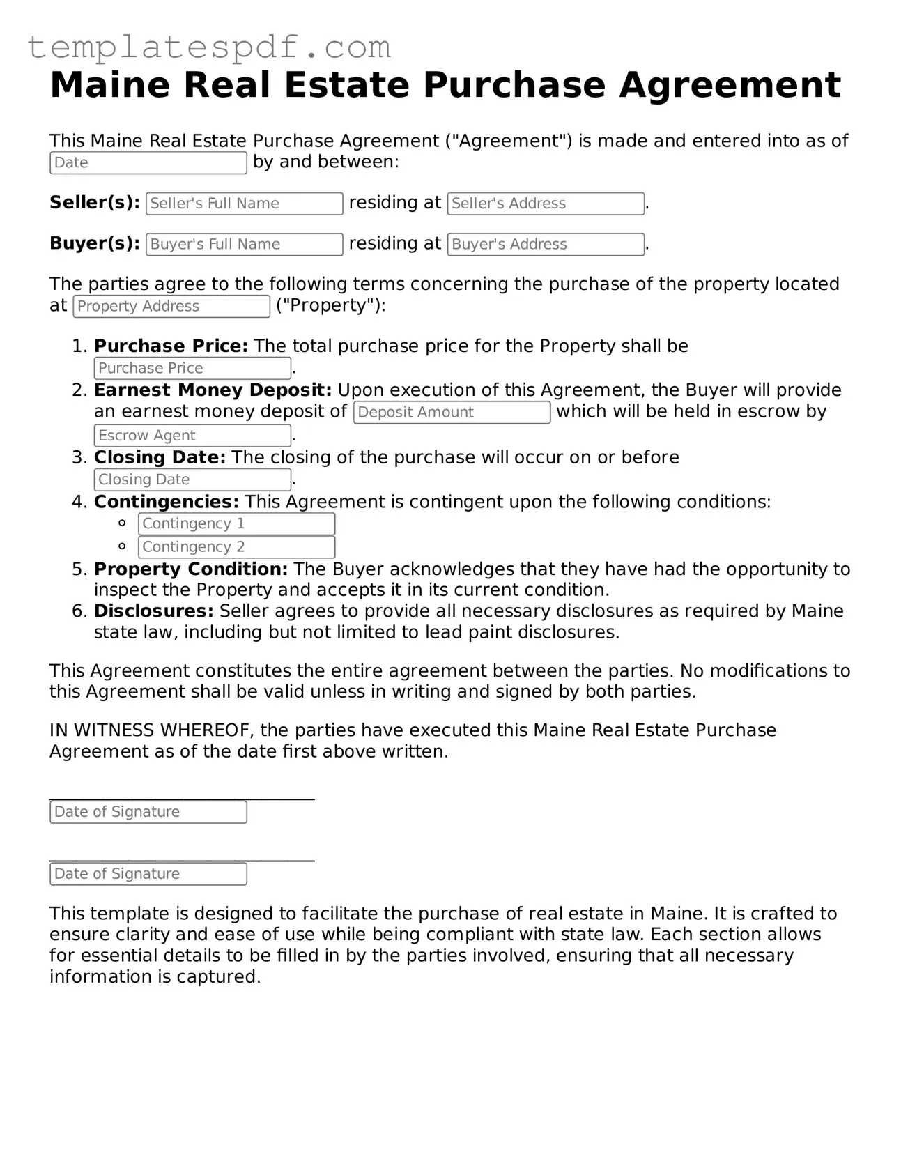 Official  Real Estate Purchase Agreement Form for Maine