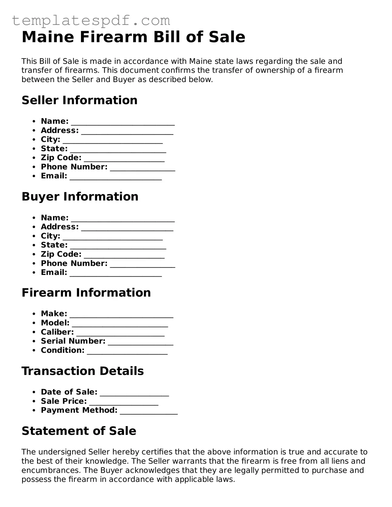 Official  Firearm Bill of Sale Form for Maine