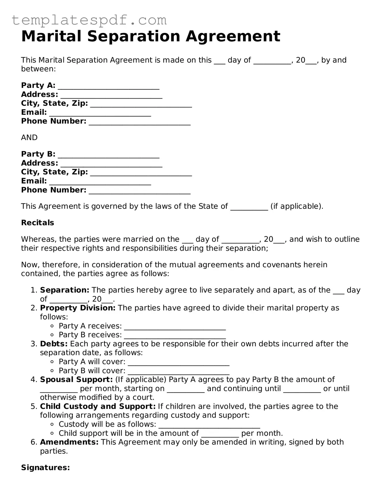 Printable Marital Separation Agreement Form