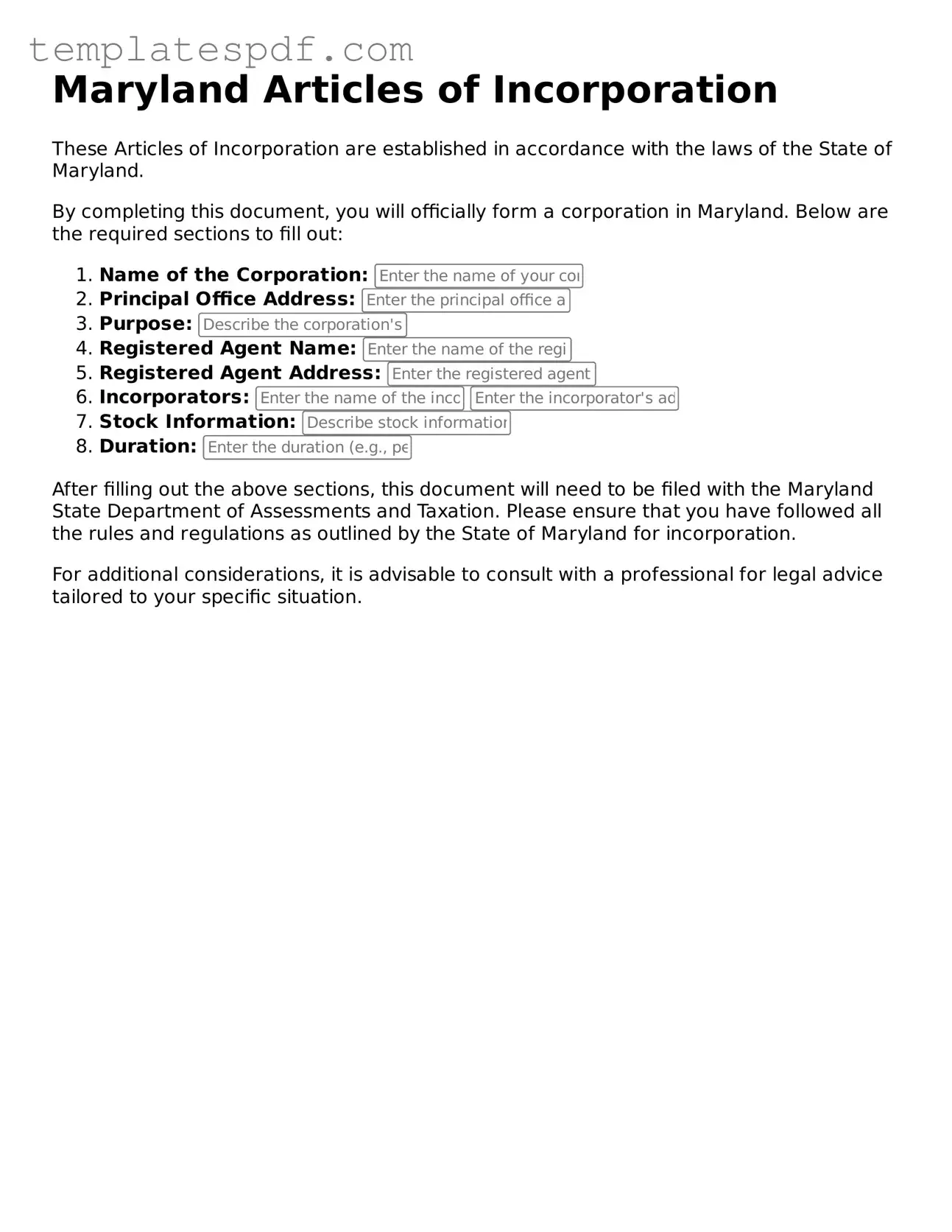 Official  Articles of Incorporation Form for Maryland