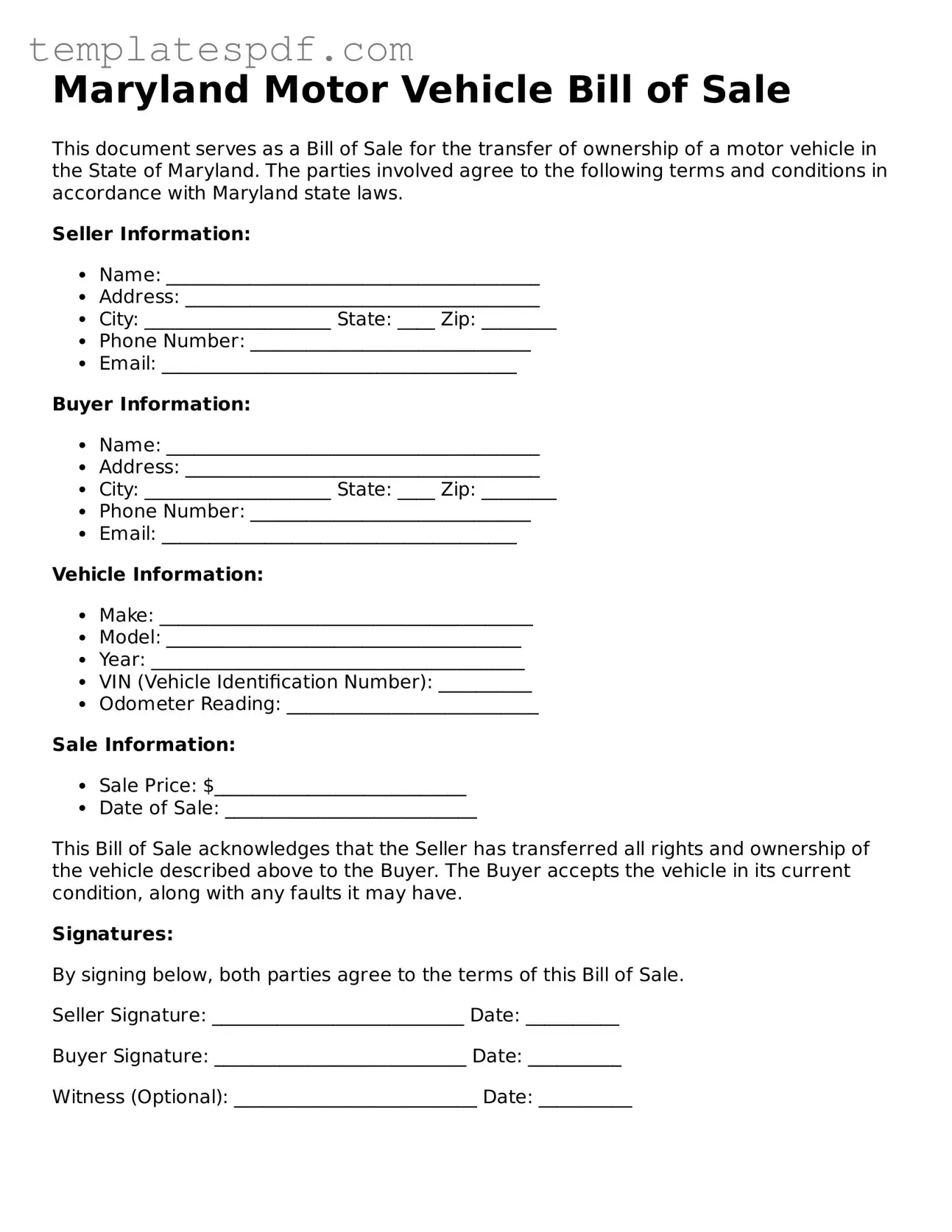 Official  Motor Vehicle Bill of Sale Form for Maryland