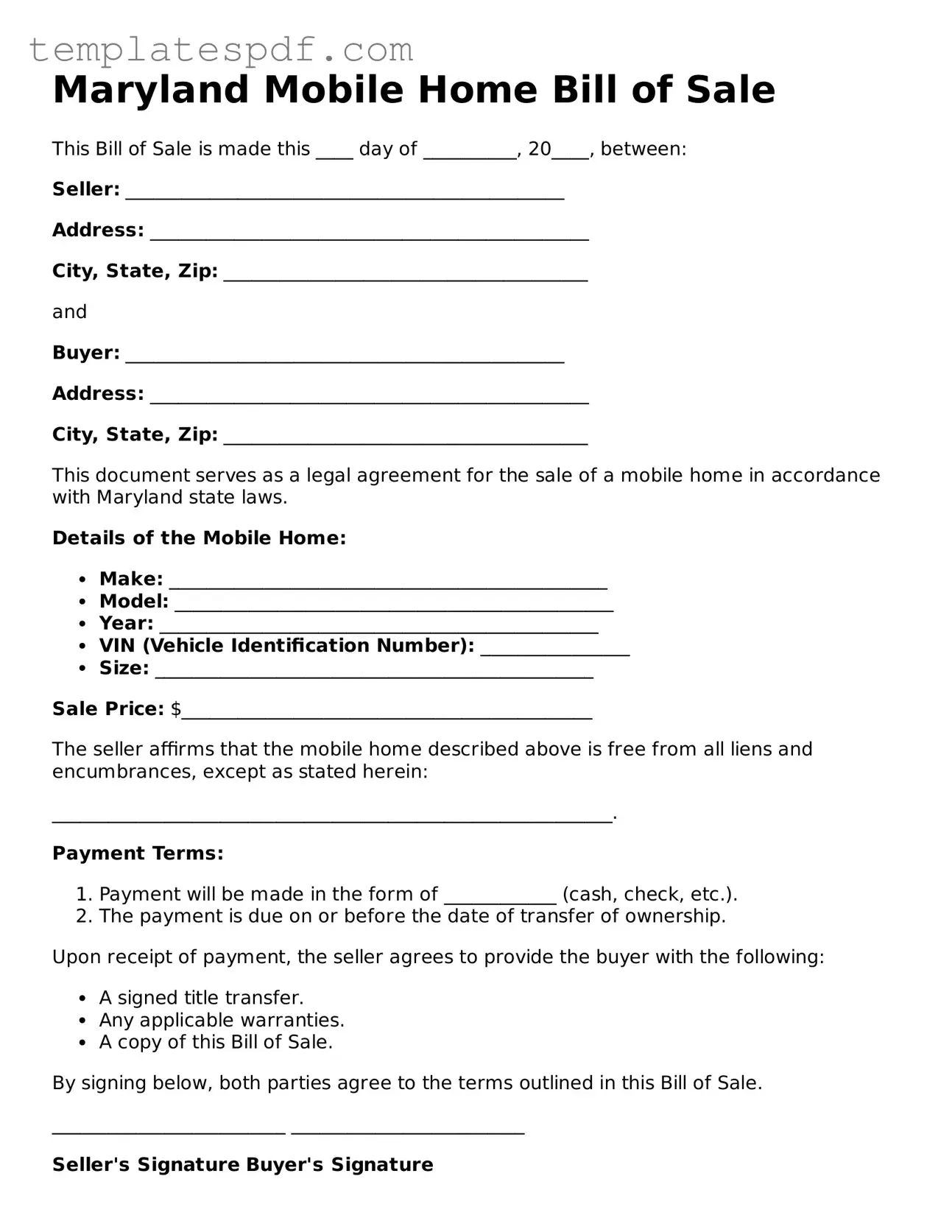 Official  Mobile Home Bill of Sale Form for Maryland