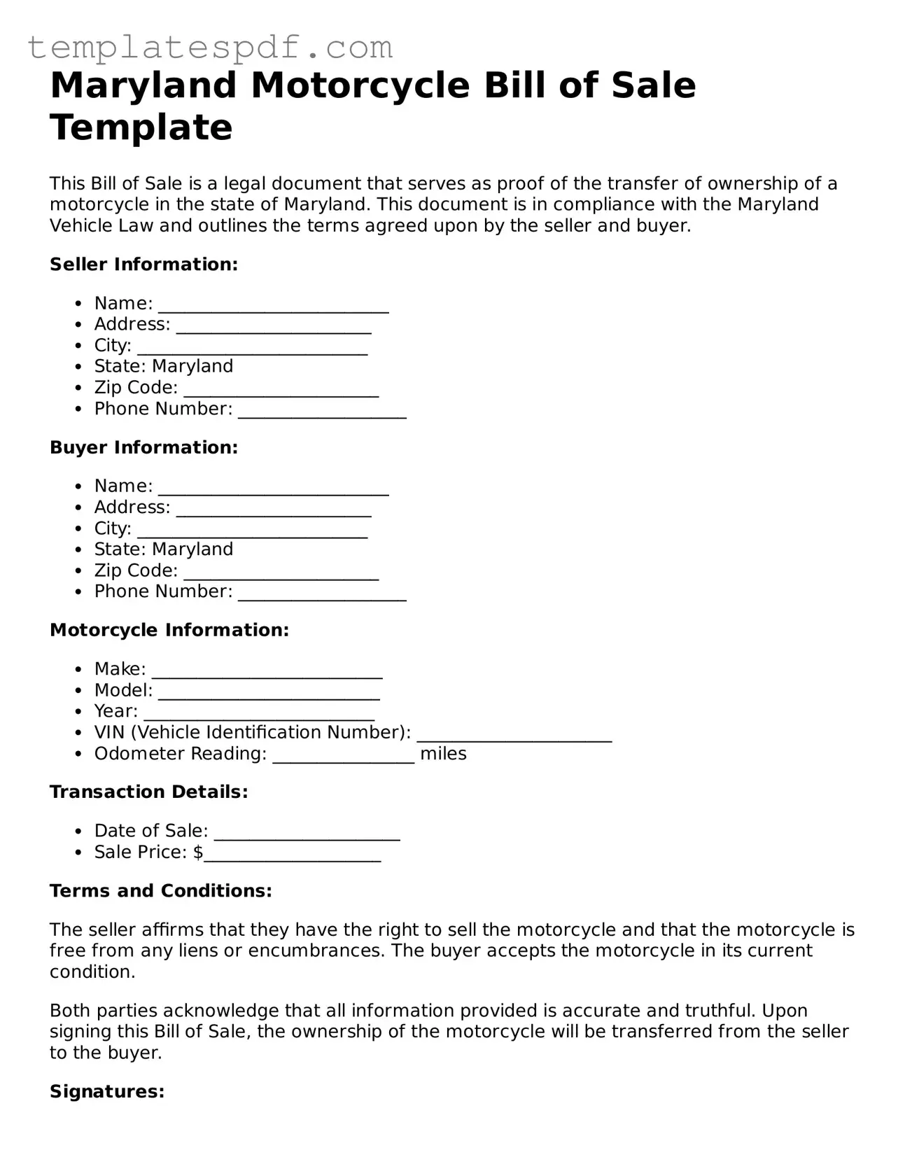 Official  Motorcycle Bill of Sale Form for Maryland