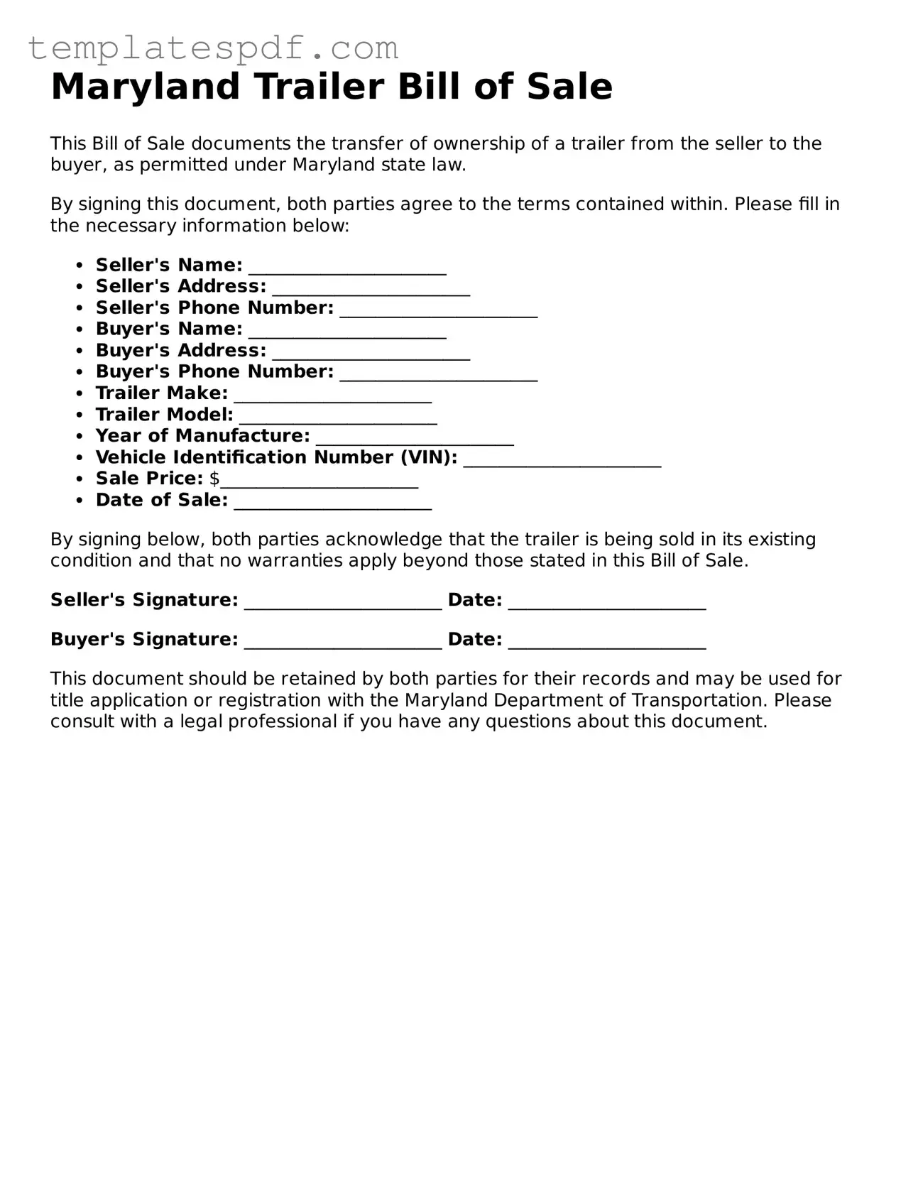 Official  Trailer Bill of Sale Form for Maryland